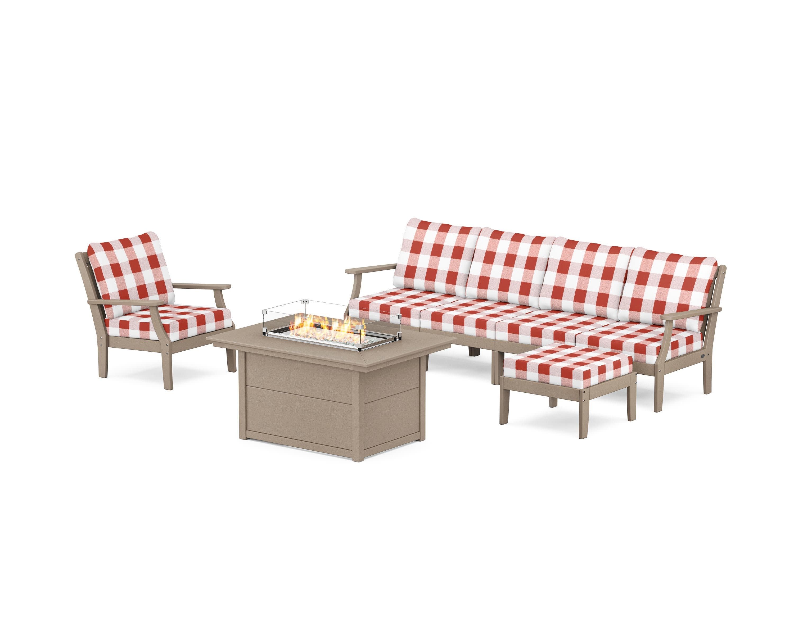 Braxton Sectional Lounge and Fire Pit Set in Vintage Sahara / Buffalo Plaid Crimson