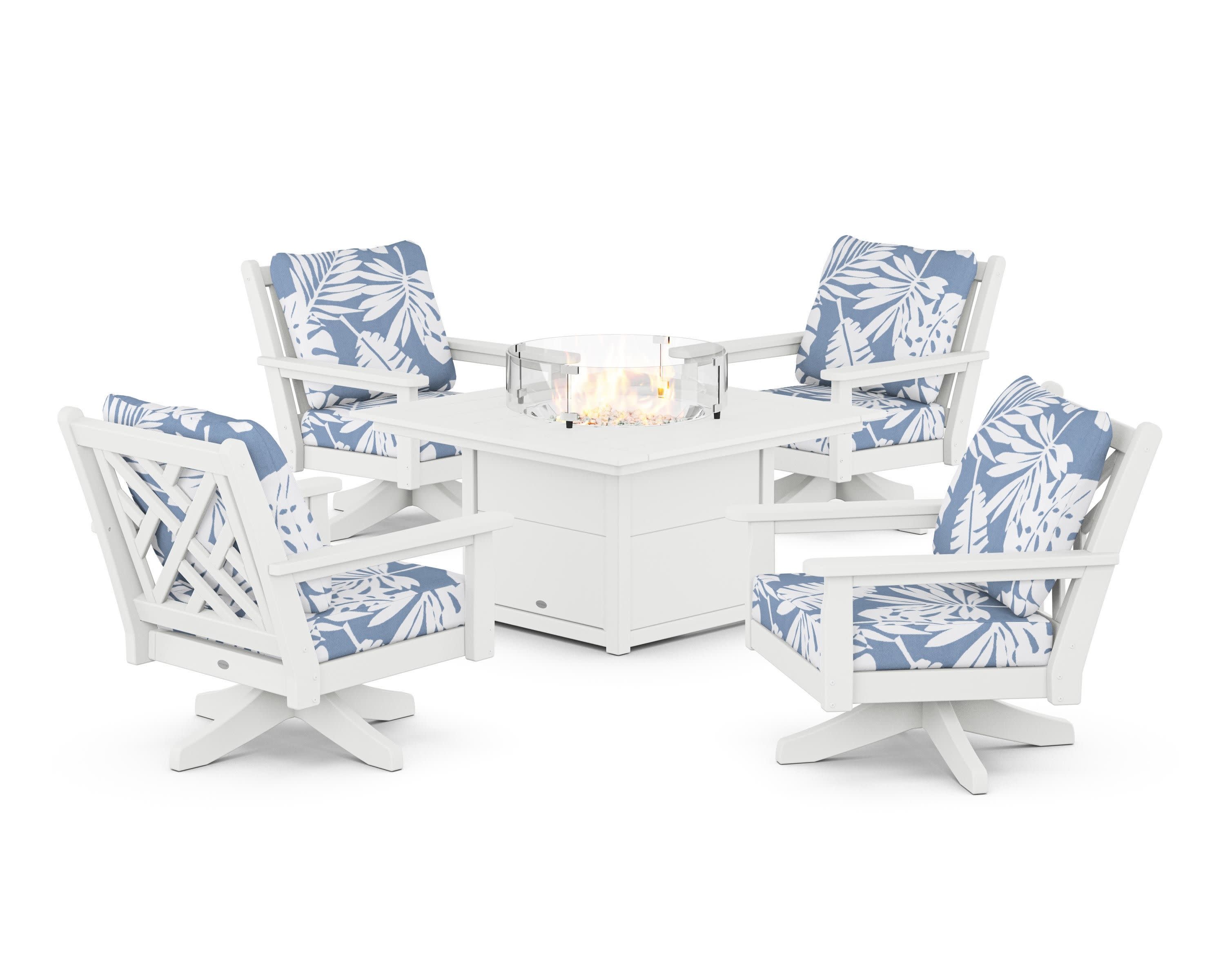 Chippendale 5-Piece Deep Seating Swivel Conversation Set with Fire Pit Table in White / Leaf Sky Blue