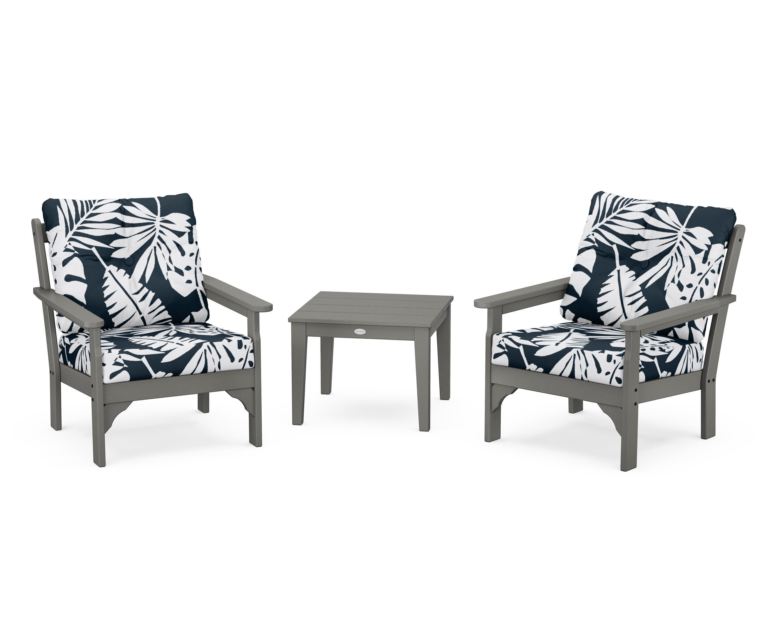 Vineyard 3-Piece Deep Seating Set in Slate Grey / Leaf Marine Indigo