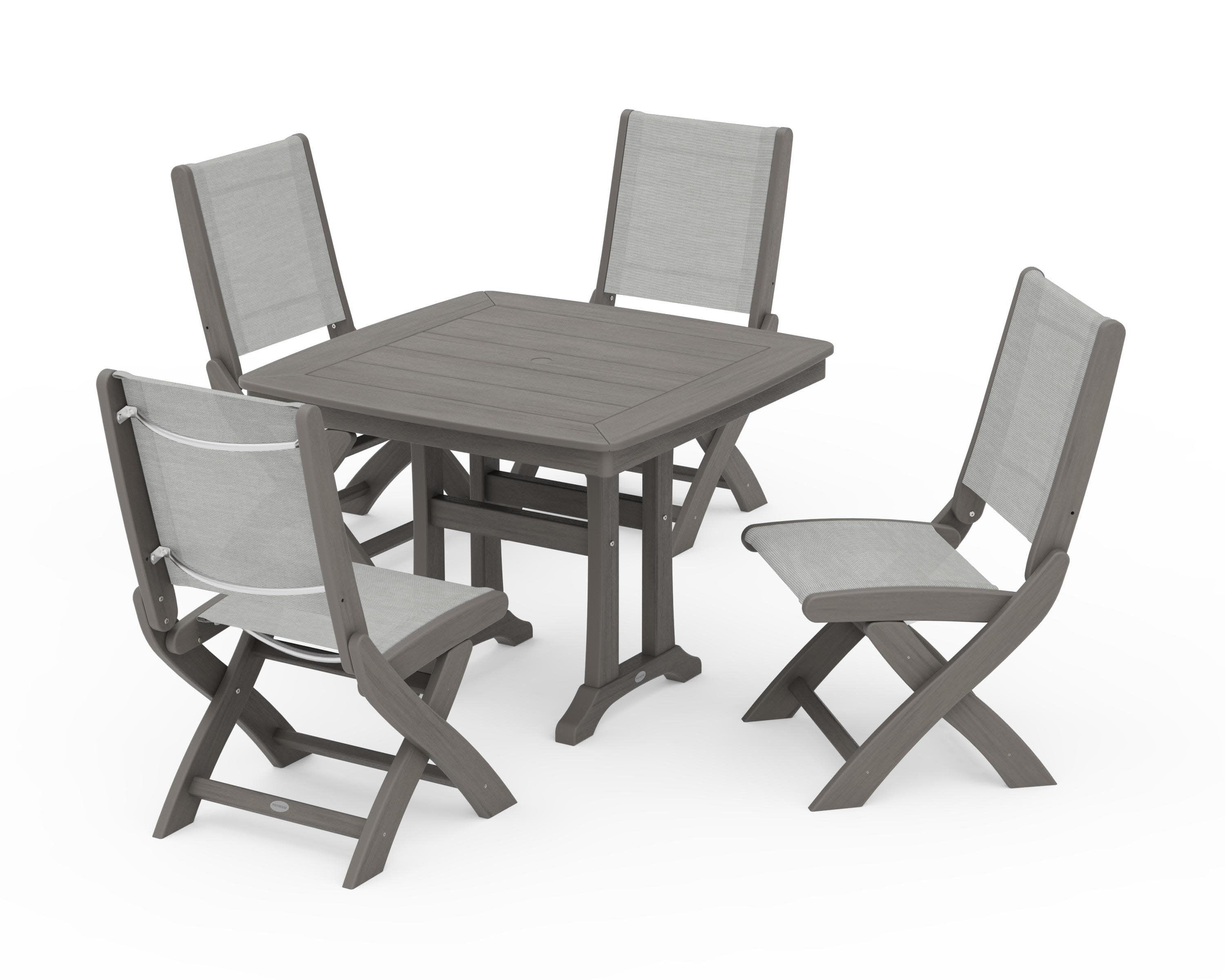 Coastal Folding Side Chair 5-Piece Dining Set with Trestle Legs in Driftwood / Metallic Sling