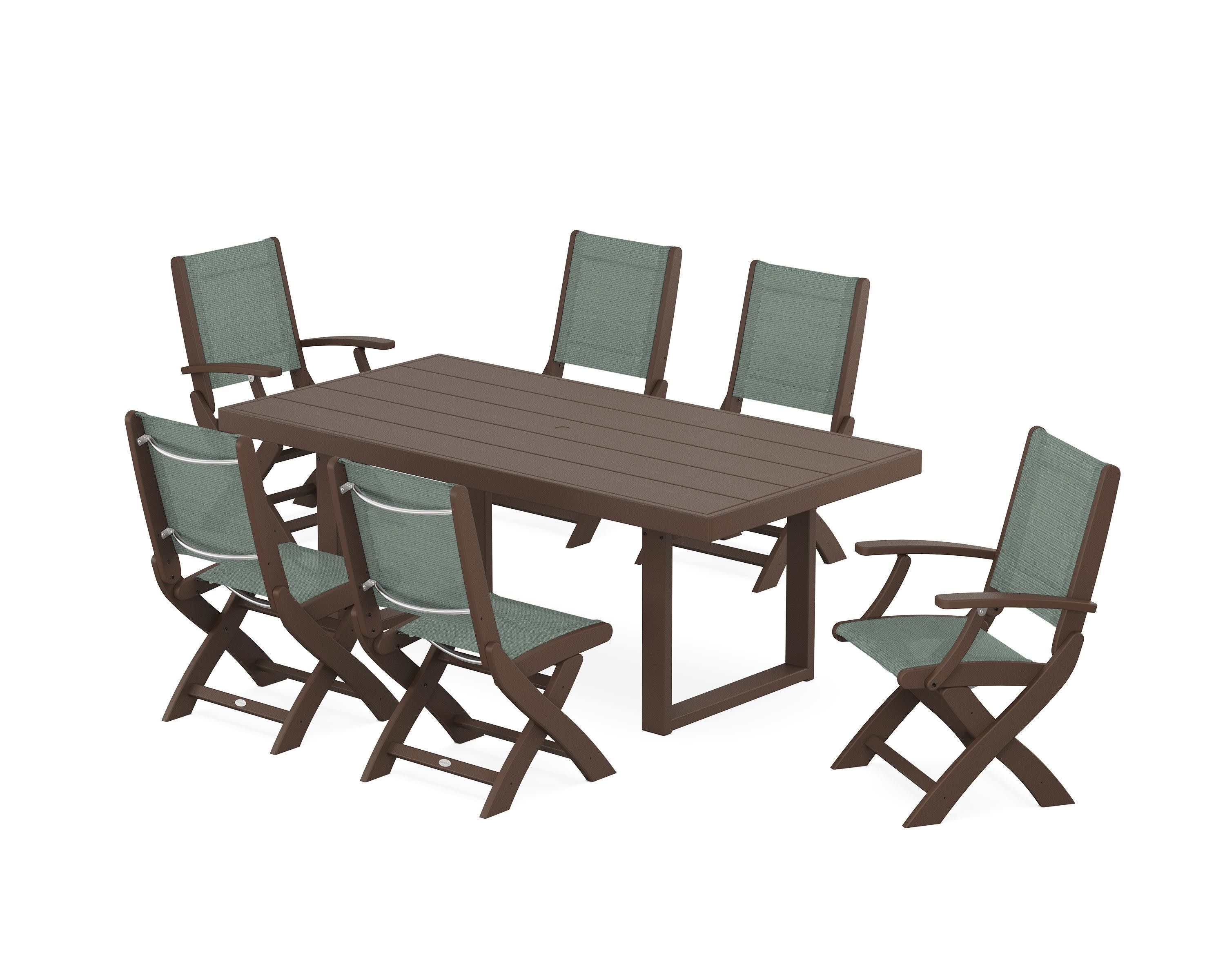 Coastal Folding Chair 7-Piece Dining Set with Trestle Legs in Mahogany / Dupioni Sea Mist Sling