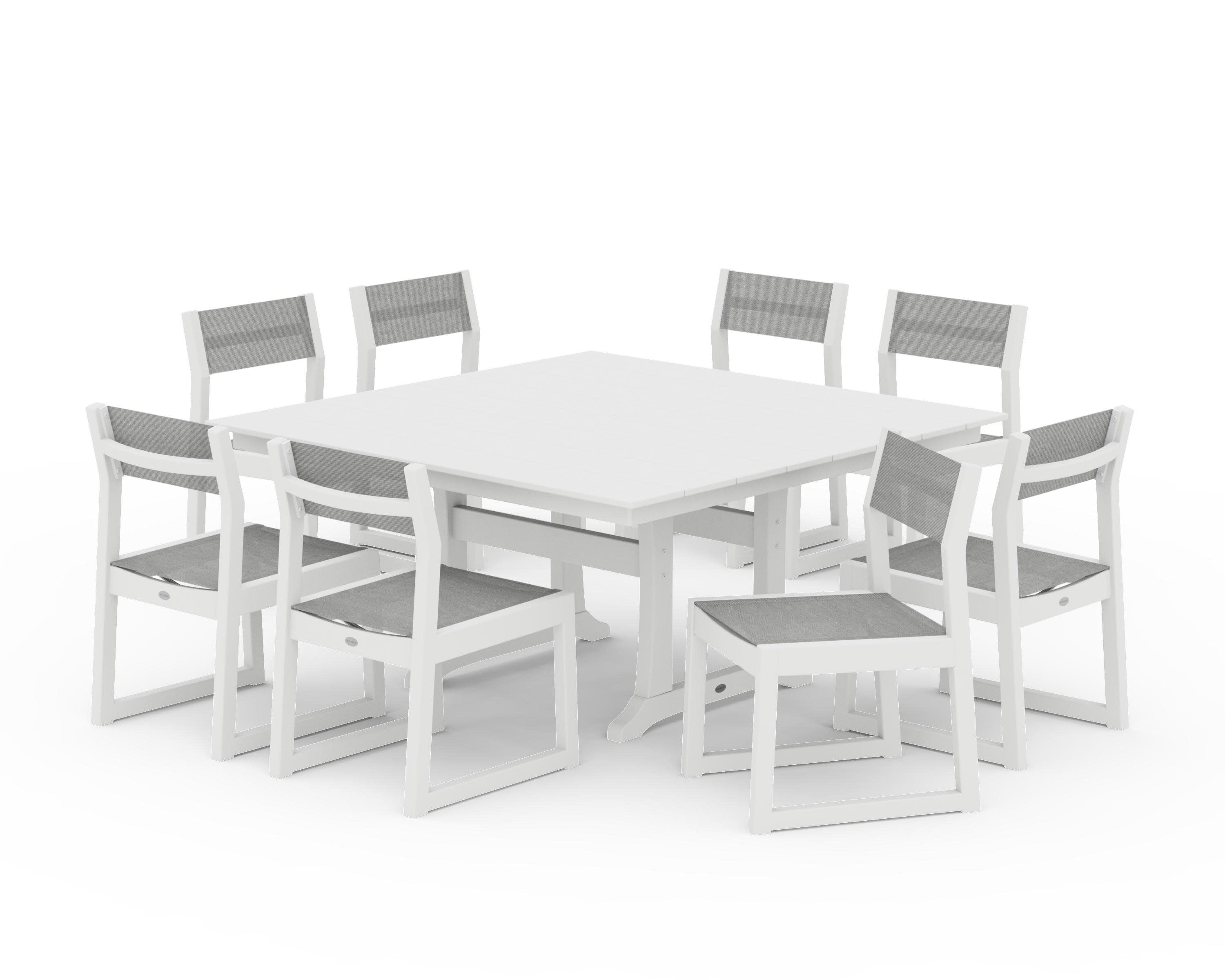 EDGE Sling Side Chair 9-Piece Farmhouse Trestle Dining Set in White / Metallic Sling