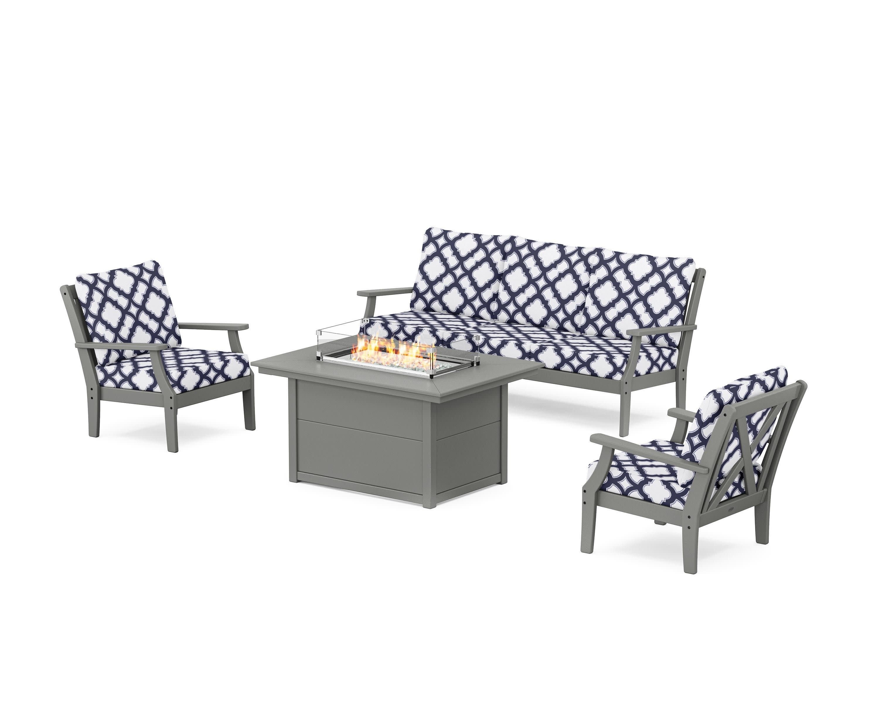 Braxton Deep Seating Fire Pit Table Set in Slate Grey / Trellis Navy