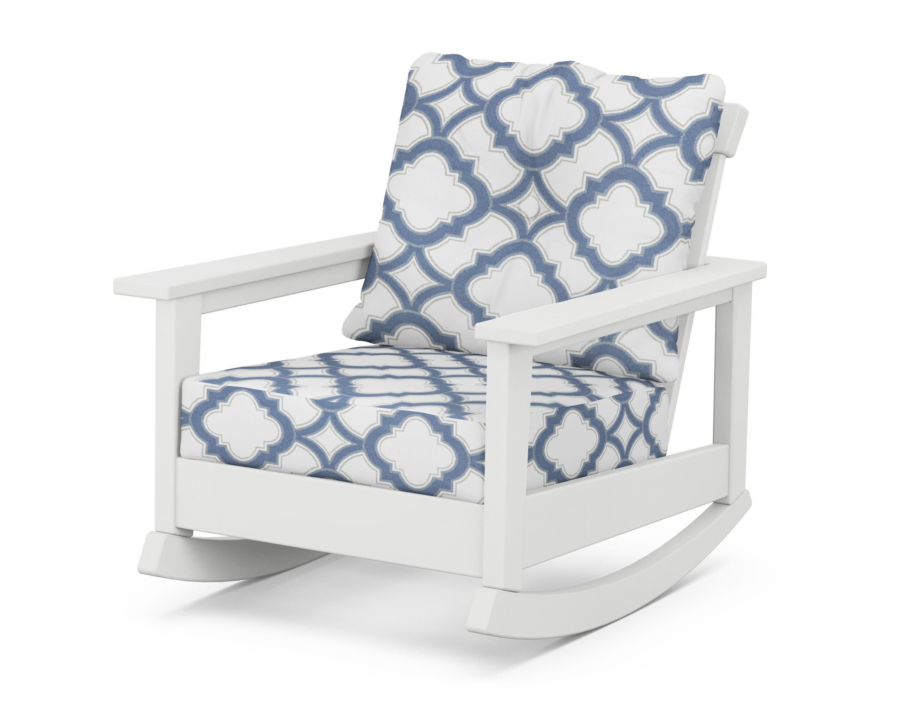 Prescott Deep Seating Rocking Chair in White / Trellis Sky Blue
