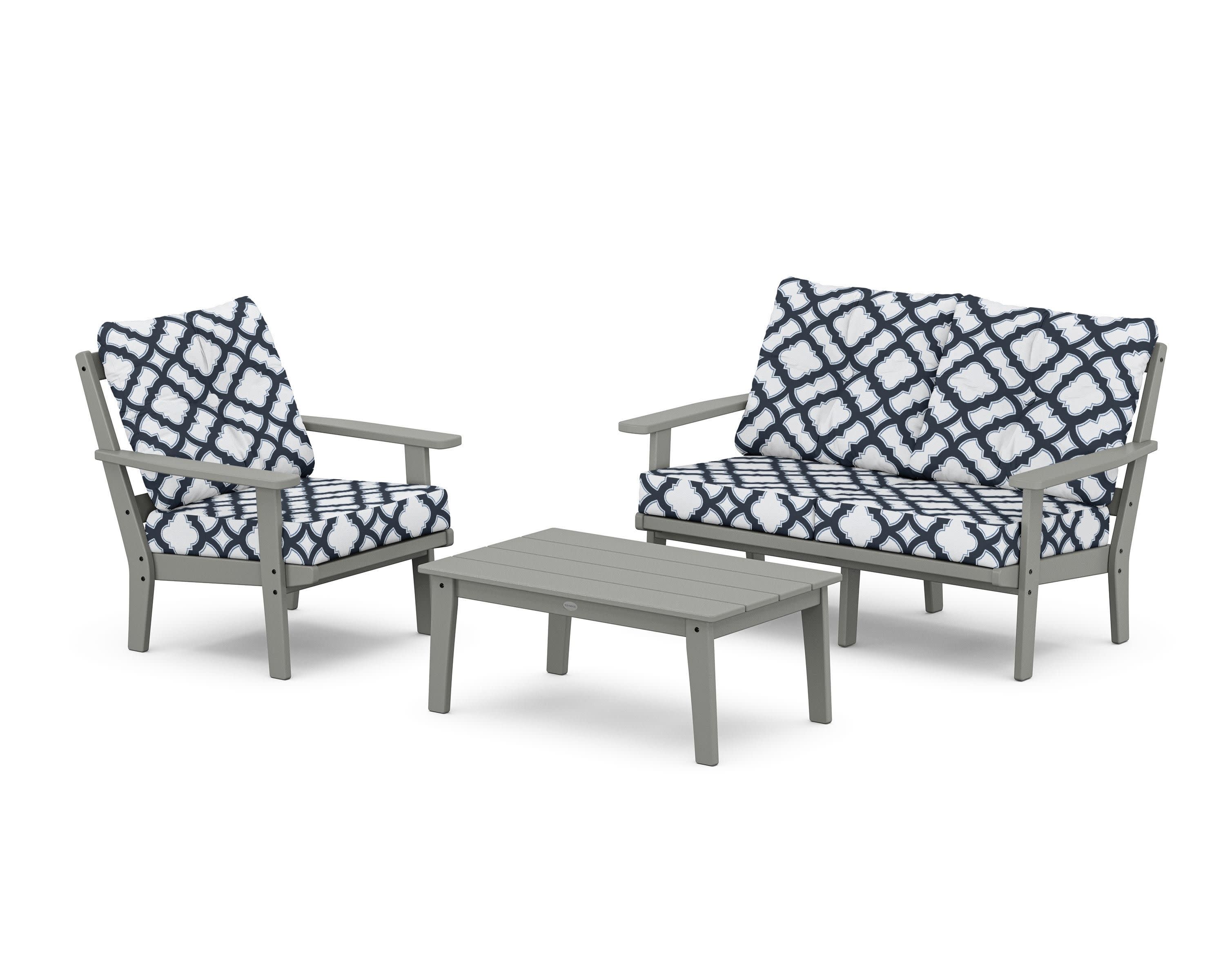 Oxford 3-Piece Deep Seating Set with Loveseat in Slate Grey / Trellis Marine Indigo
