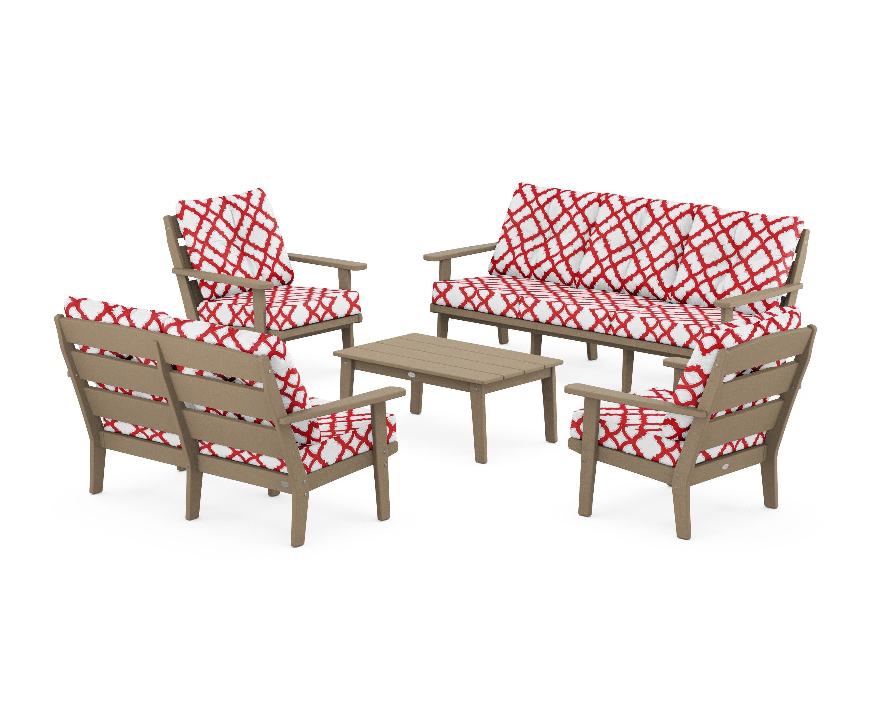 Lakeside 5-Piece Lounge Sofa Set in Vintage Sahara / Trellis Crimson