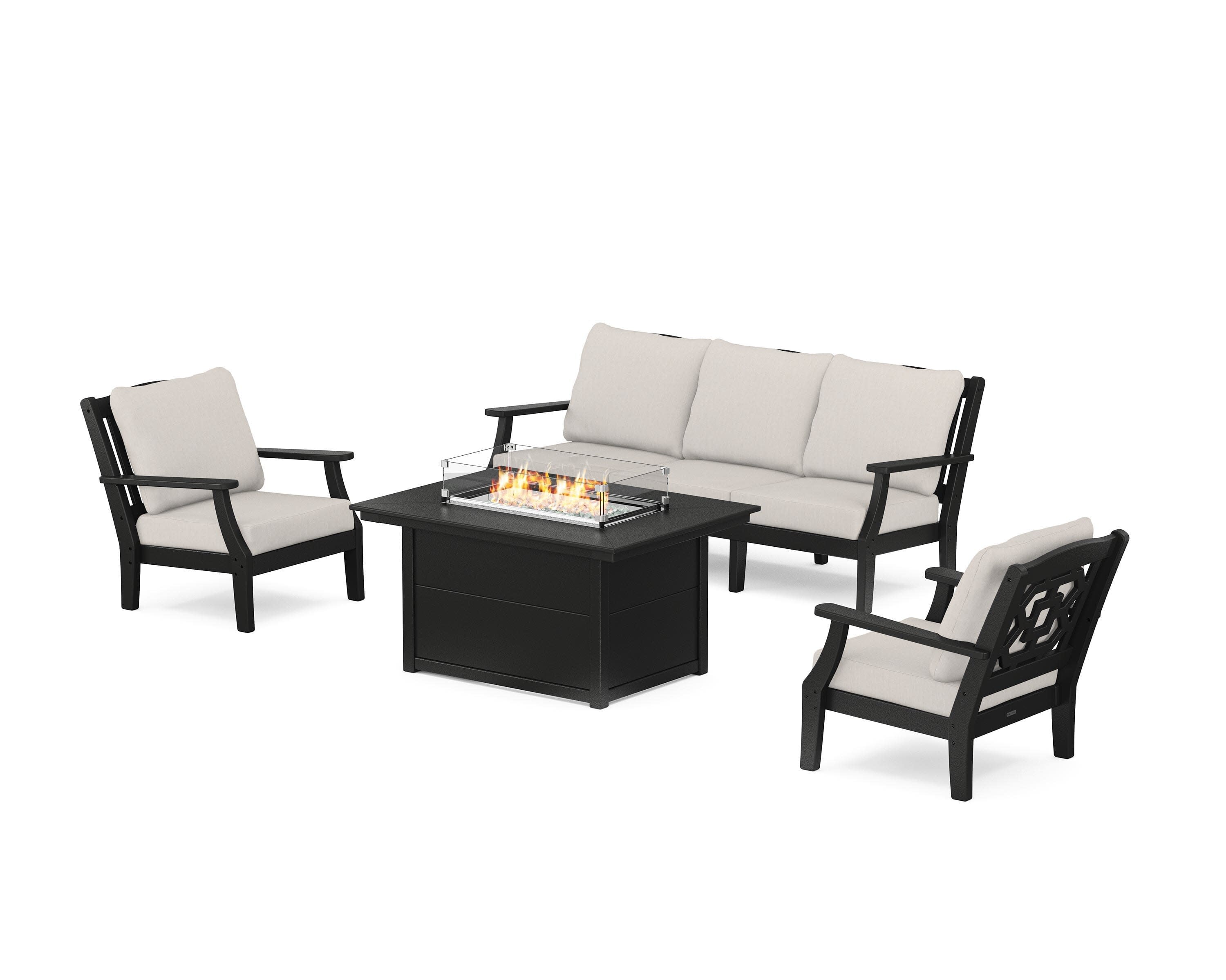 Chinoiserie Deep Seating Fire Pit Table Set in Black / Cast Ash