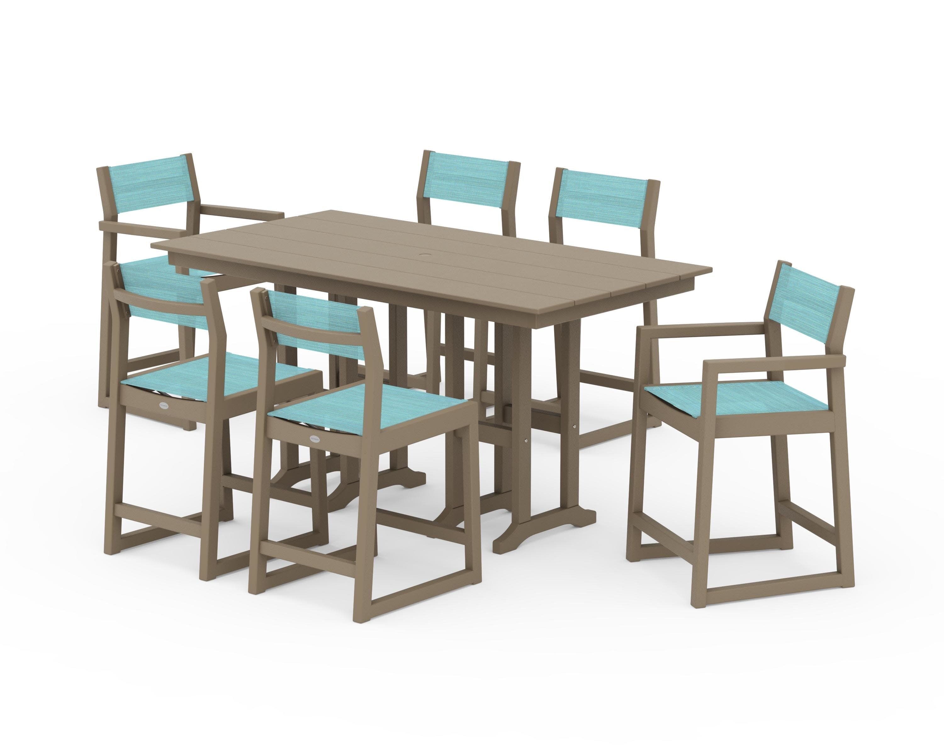 EDGE Sling 7-Piece Farmhouse Counter Set in Vintage Sahara / Dupioni Aquamarine Sling