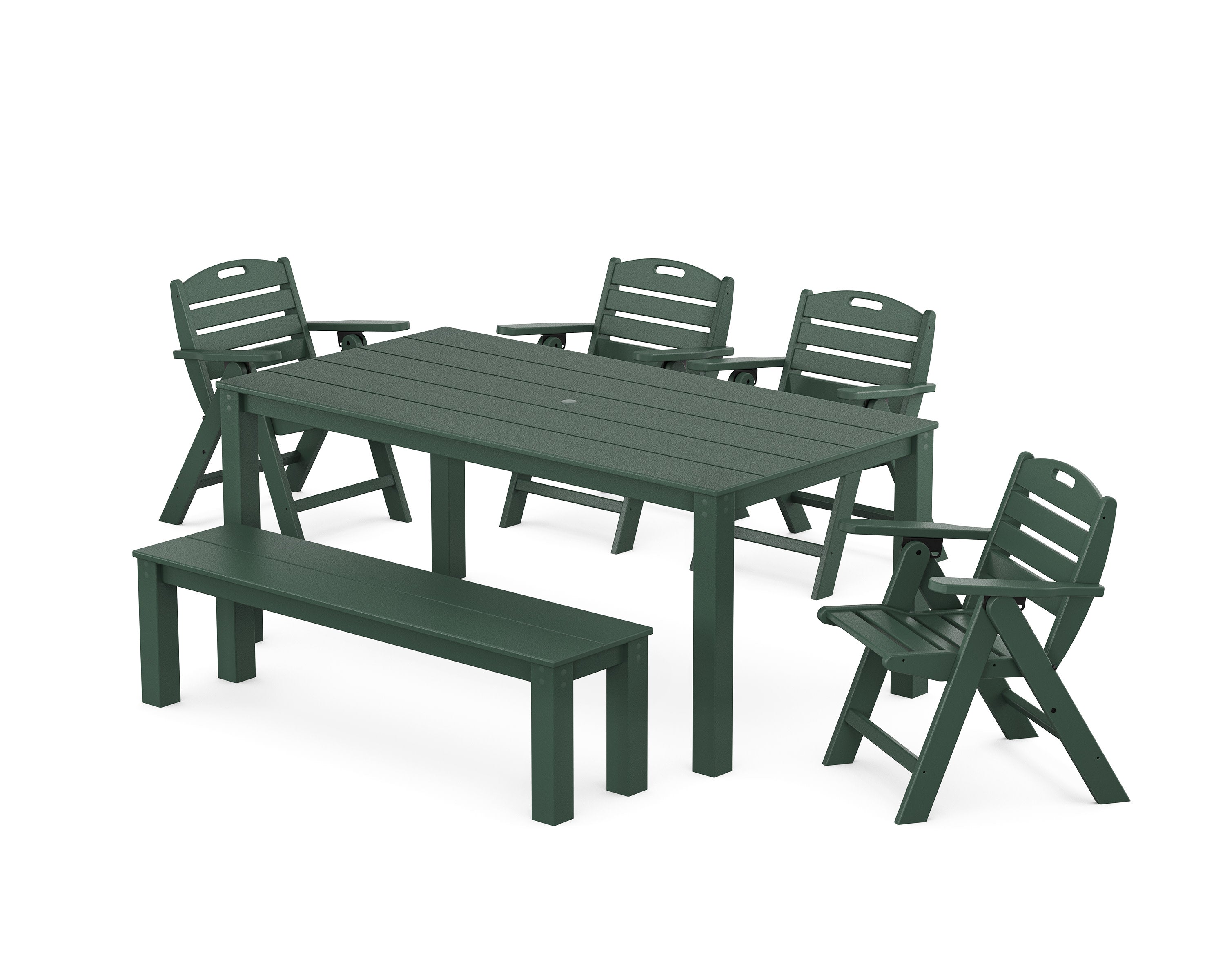 Nautical Folding Lowback Chair 6-Piece Parsons Dining Set with Bench in Green