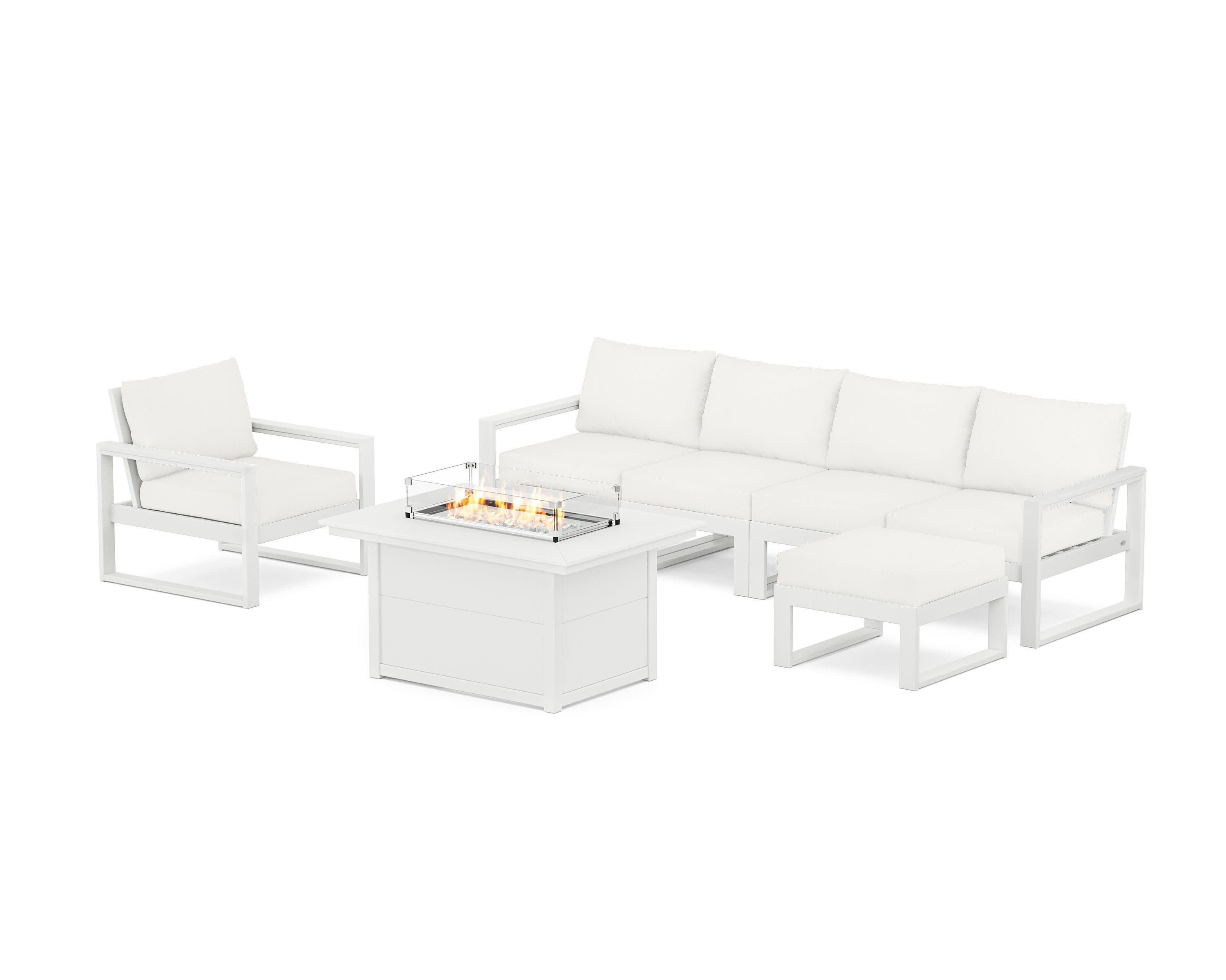 EDGE Sectional Lounge and Fire Pit Set in White / Natural Linen
