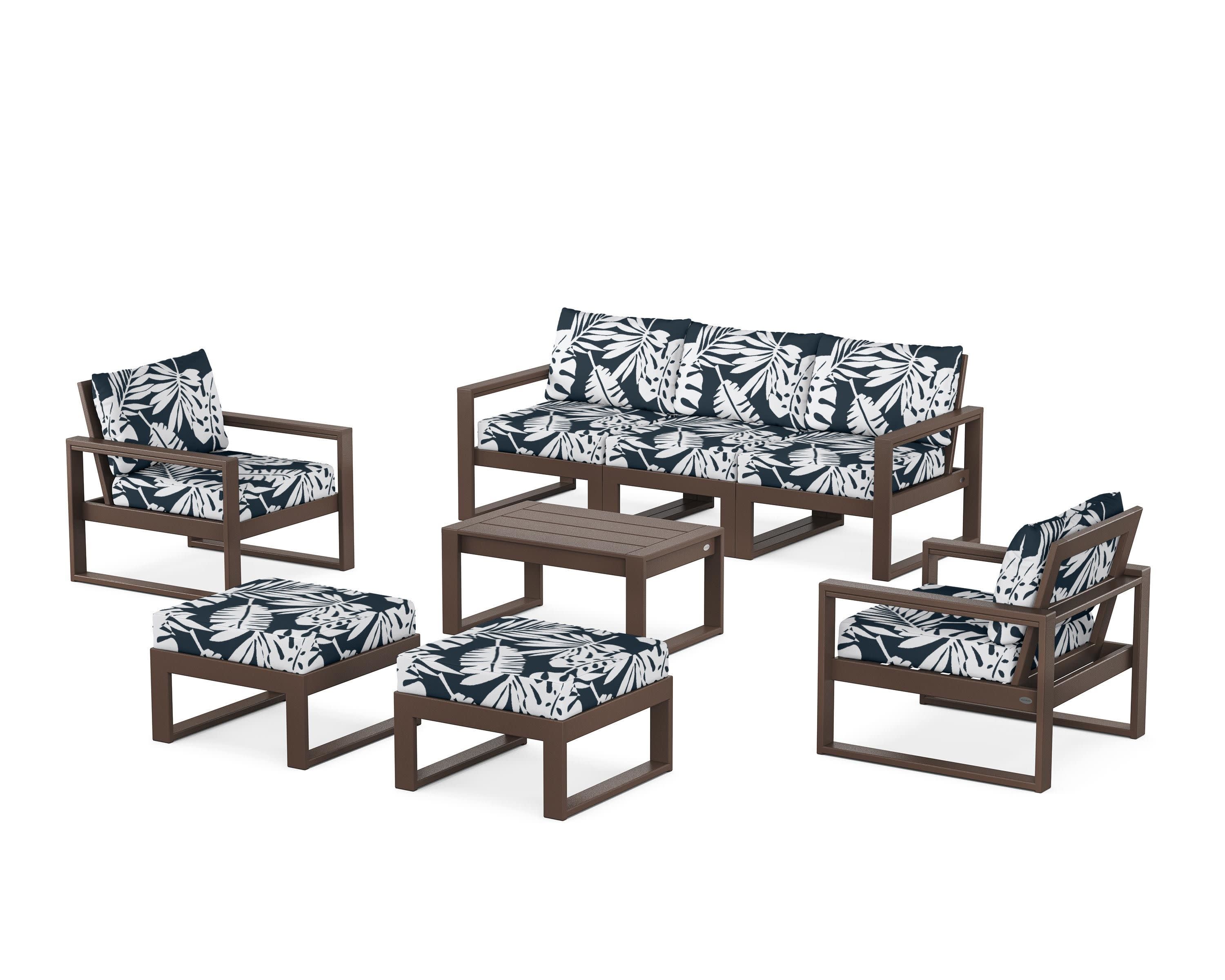 EDGE Sectional 8-Piece Lounge Sofa Set in Mahogany / Leaf Marine Indigo