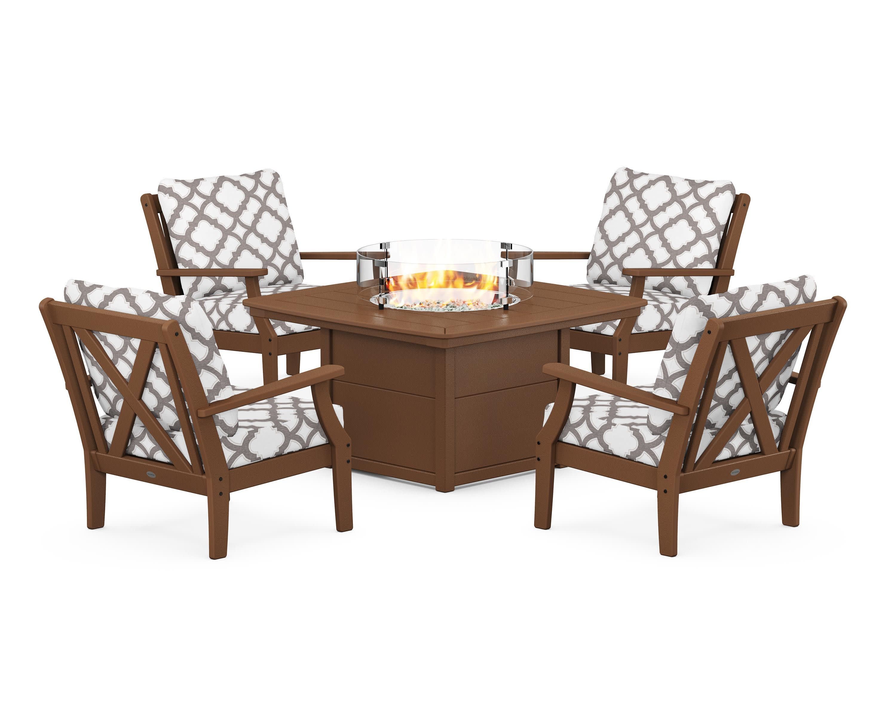 Braxton 5-Piece Deep Seating Conversation Set with Fire Pit Table in Teak / Trellis Grey Mist