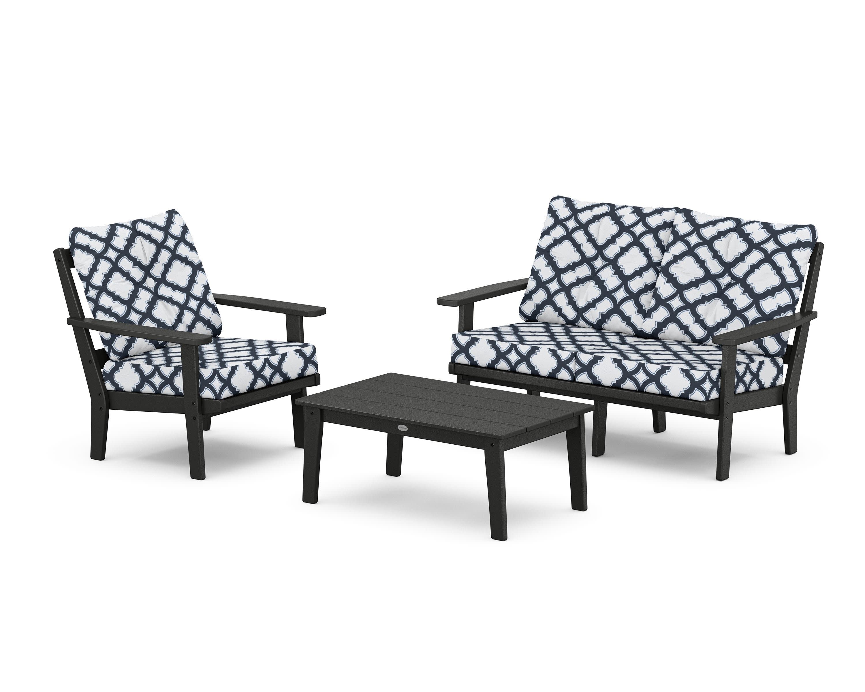 Oxford 3-Piece Deep Seating Set with Loveseat in Black / Trellis Marine Indigo
