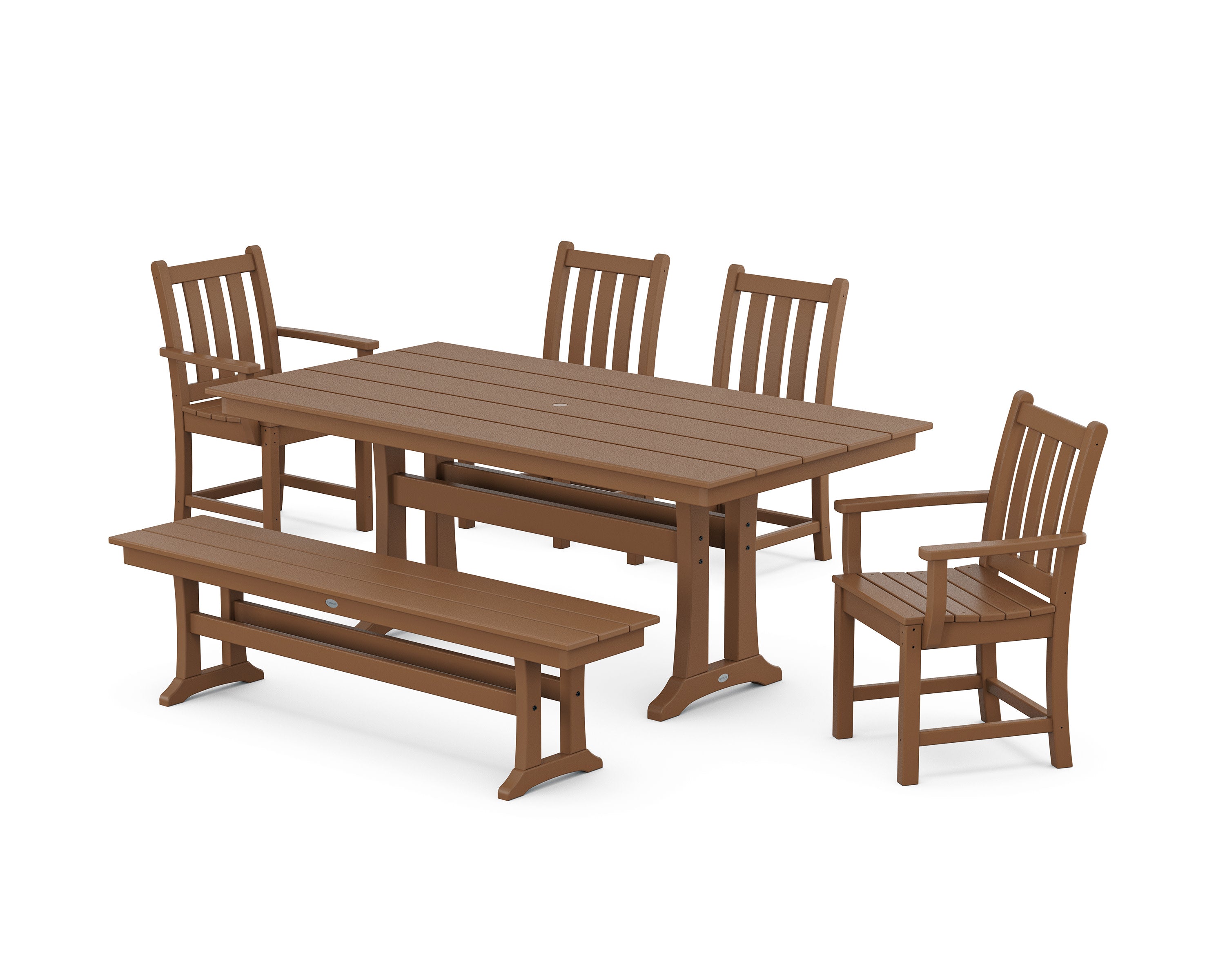 Traditional Garden 6-Piece Farmhouse Dining Set with Trestle Legs and Bench in Teak