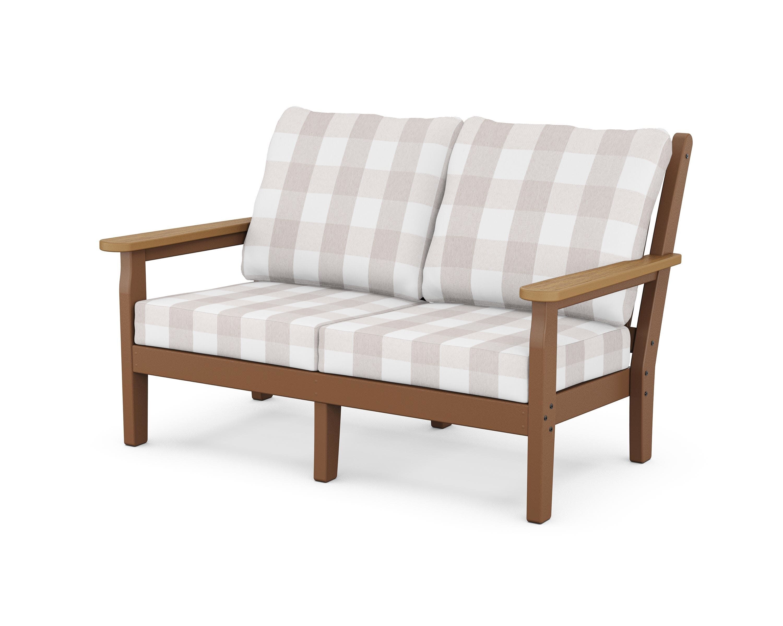Chippendale Deep Seating Loveseat in Teak / Natural / Buffalo Plaid Dune Burlap