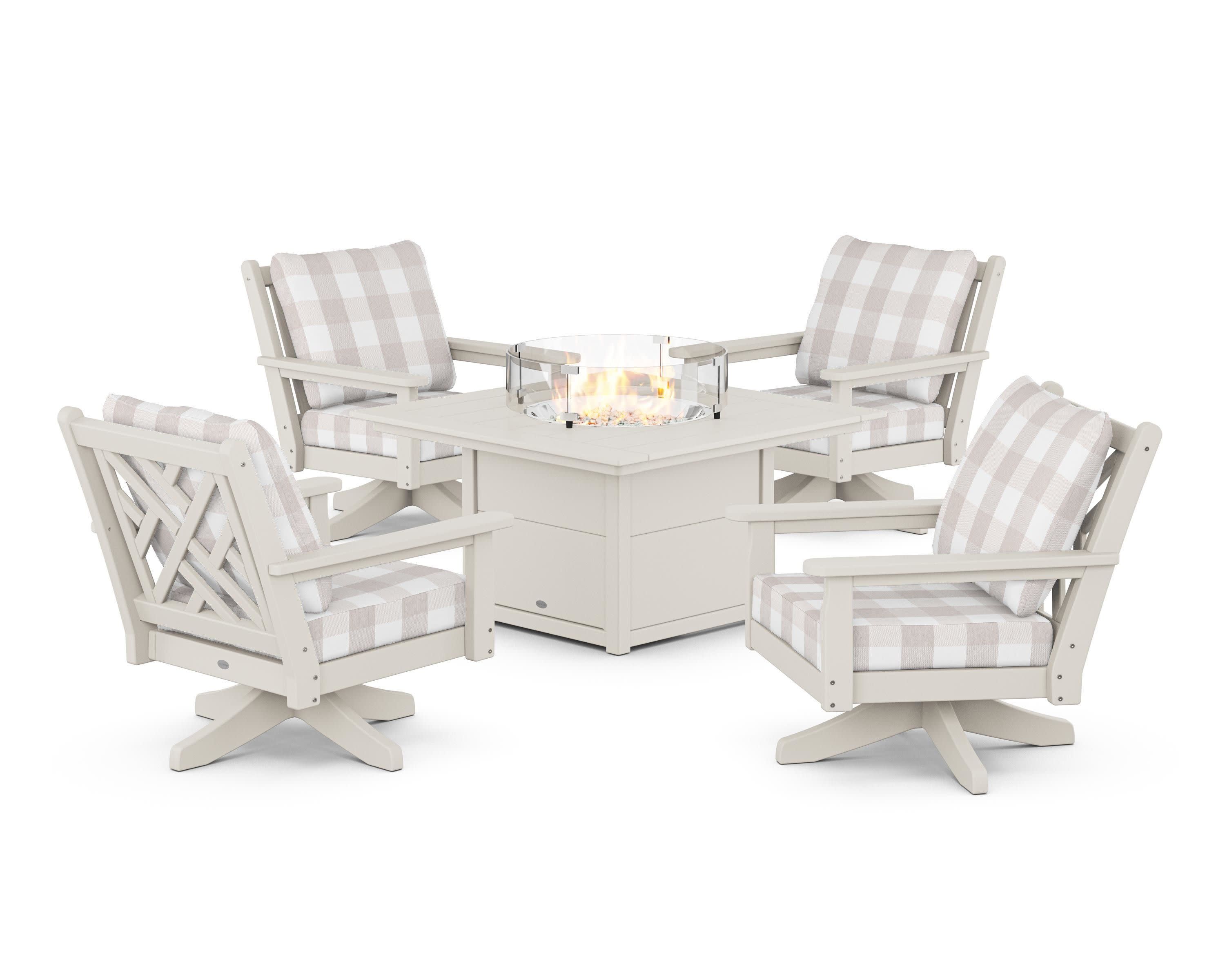 Chippendale 5-Piece Deep Seating Swivel Conversation Set with Fire Pit Table in Sand / Buffalo Plaid Dune Burlap
