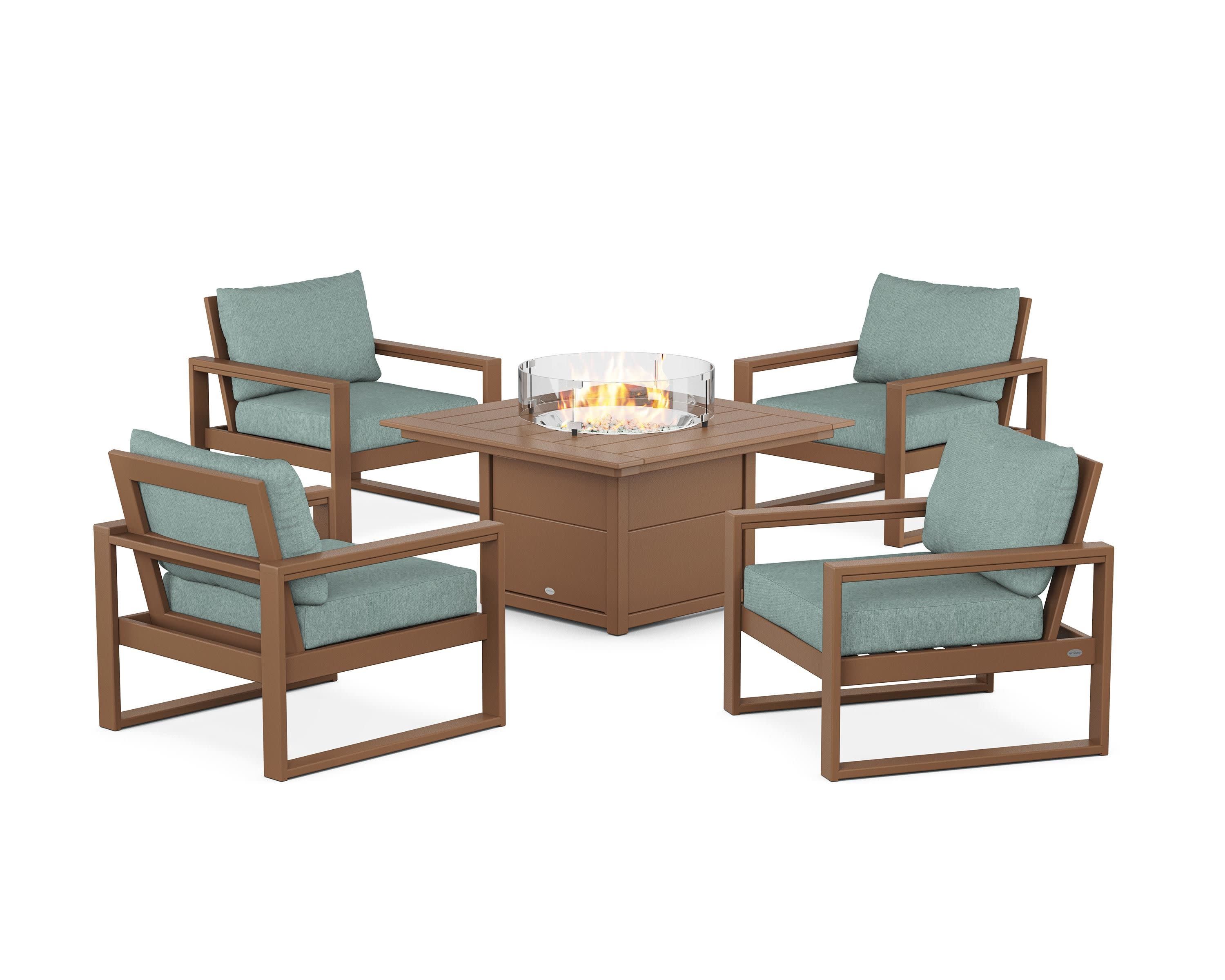EDGE Sectional 5-Piece Deep Seating Set with Fire Pit Table in Teak / Glacier Spa