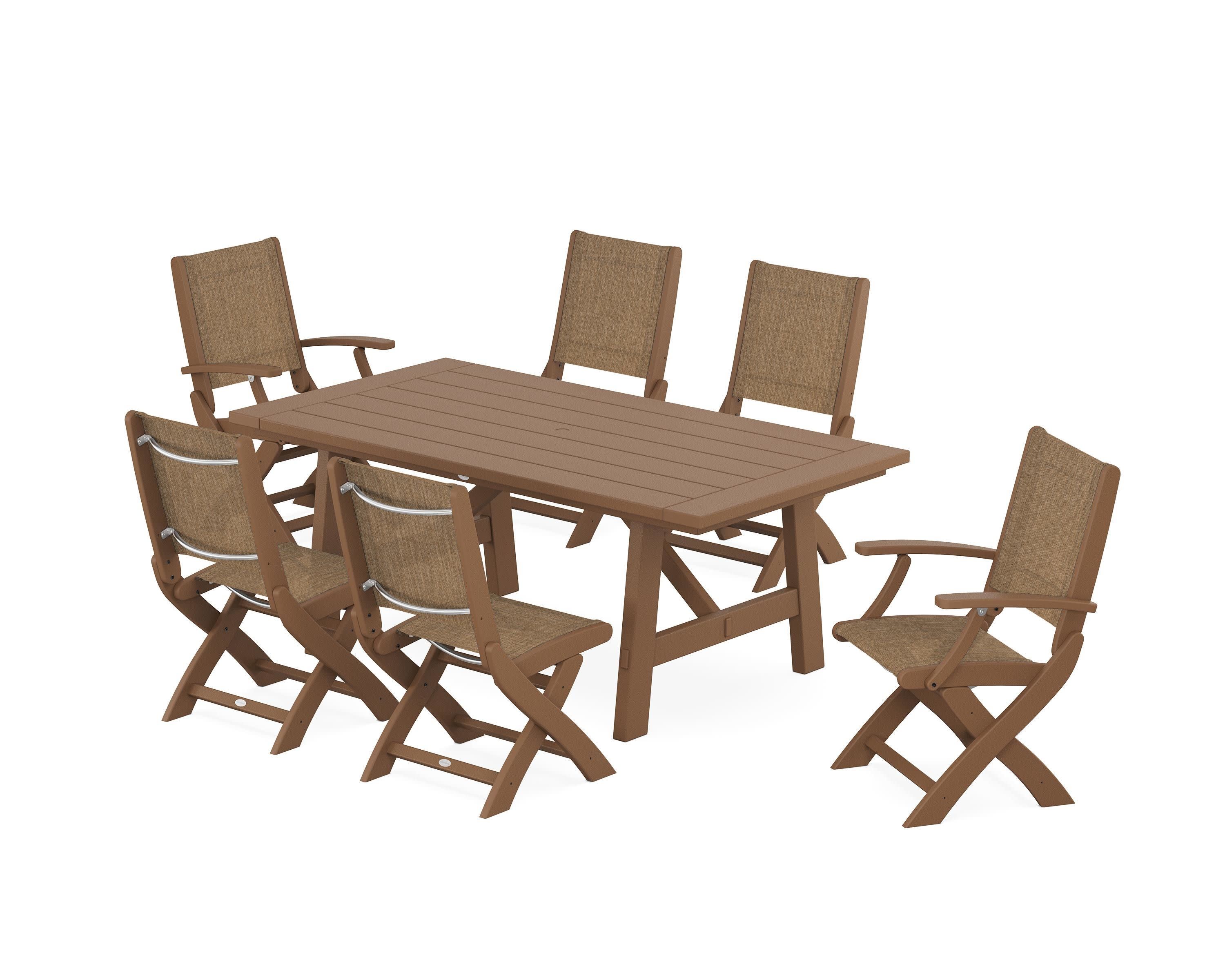 Coastal Folding Chair 7-Piece Rustic Farmhouse Dining Set in Teak / Burlap Sling
