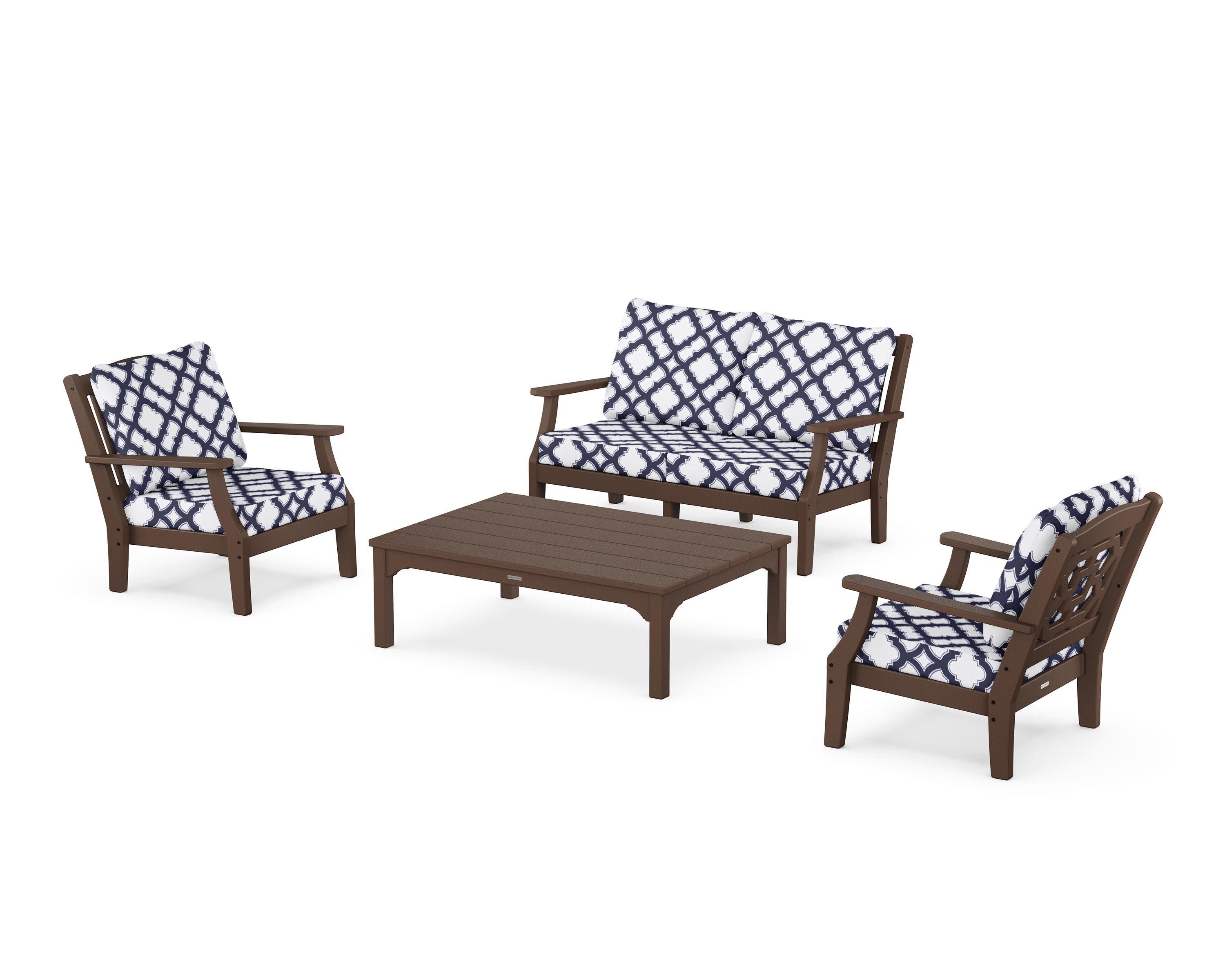 Chinoiserie 4-Piece Deep Seating Set with Loveseat in Mahogany / Trellis Navy
