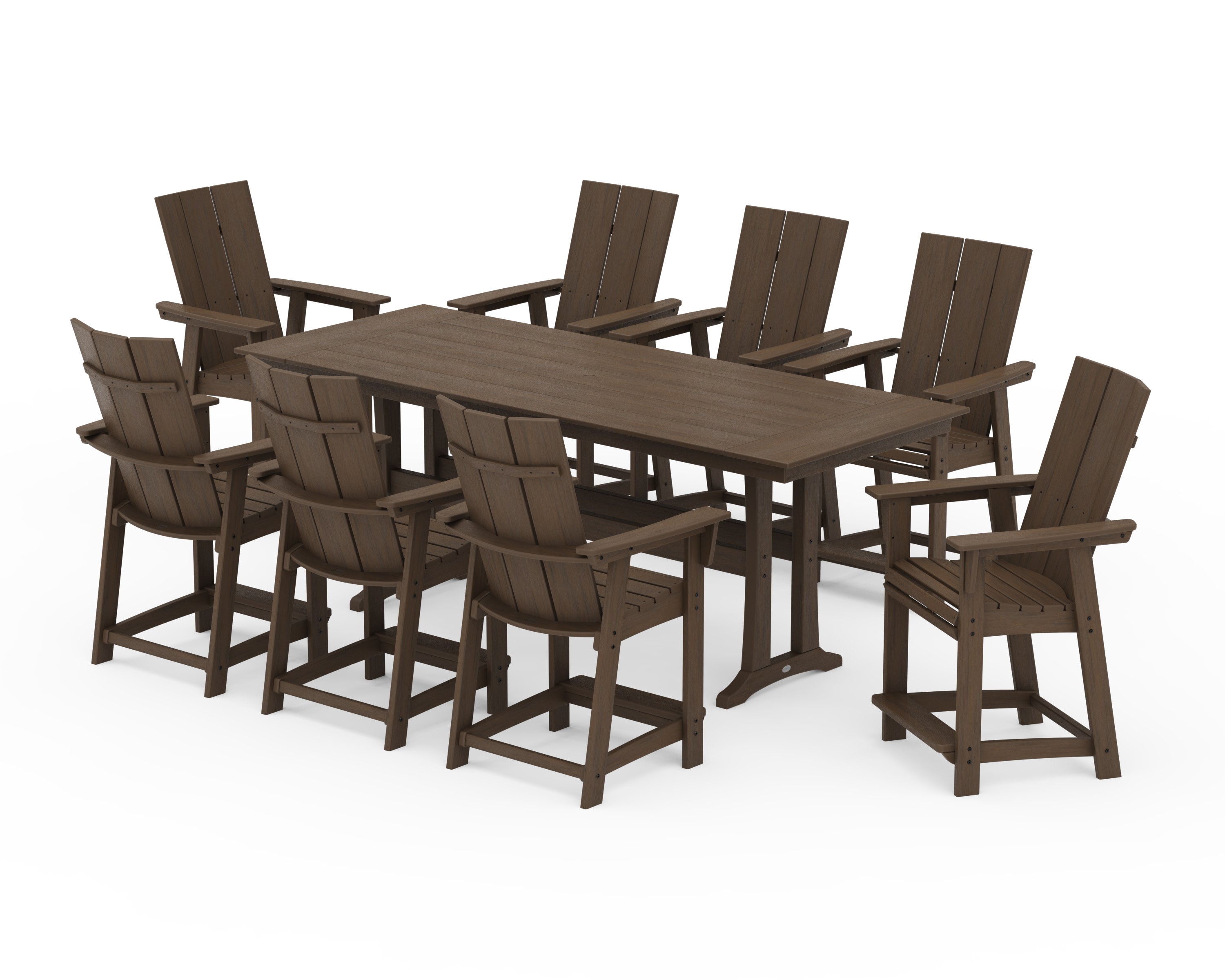 Modern Curveback Adirondack 9-Piece Farmhouse Counter Set with Trestle Legs in Kona