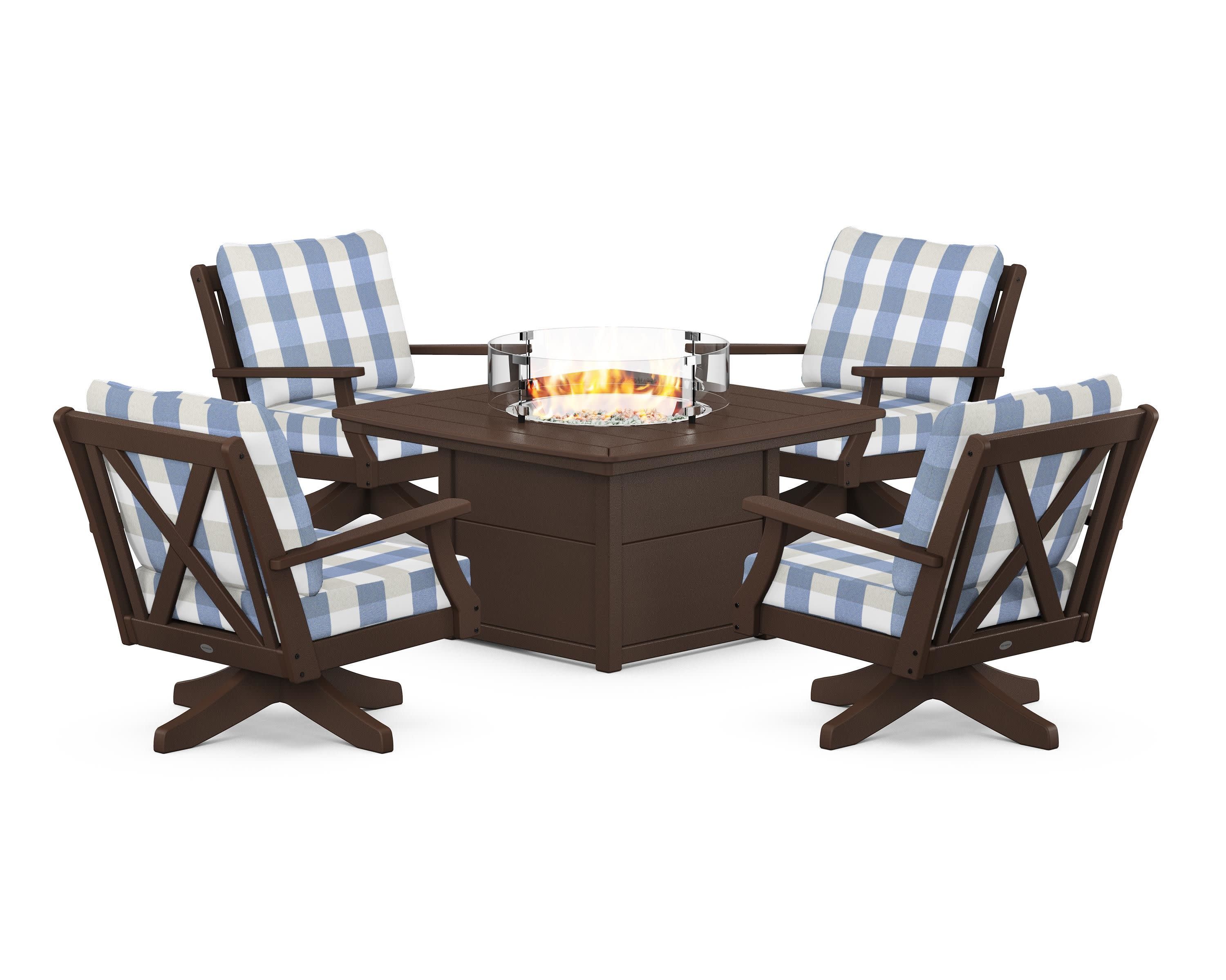 Braxton 5-Piece Deep Seating Swivel Conversation Set with Fire Pit Table in Mahogany / Buffalo Plaid Sky Blue