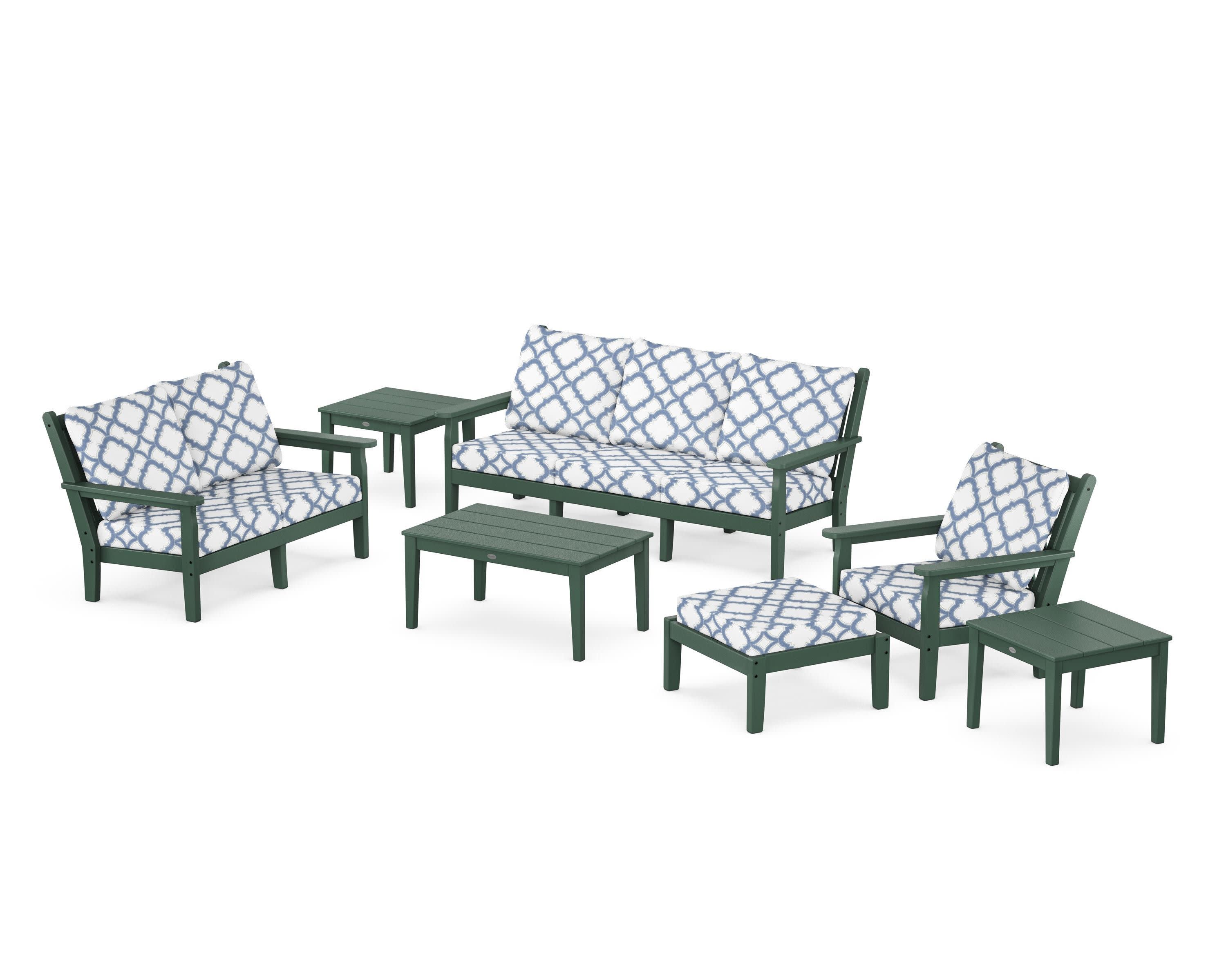 Chippendale 7-Piece Deep Seating Set in Green / Trellis Sky Blue