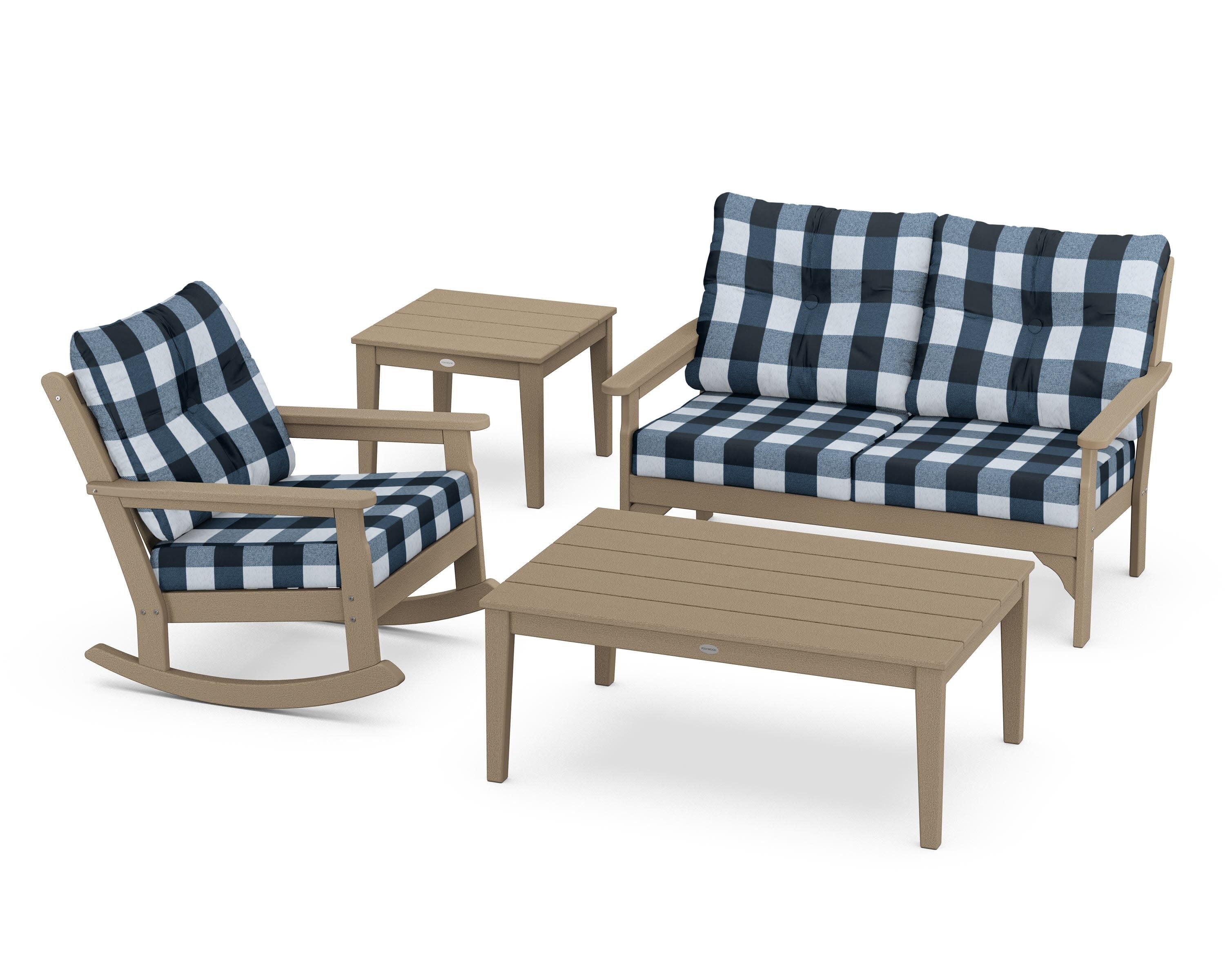 Vineyard 4-Piece Deep Seating Rocker Set in Vintage Sahara / Buffalo Plaid Marine Indigo