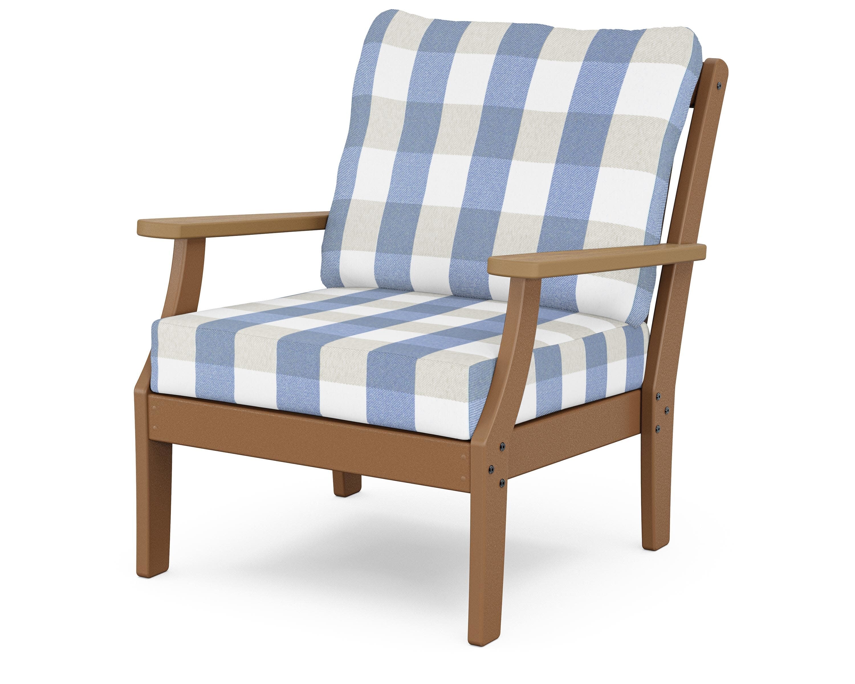 Braxton Deep Seating Chair in Teak / Natural / Buffalo Plaid Sky Blue