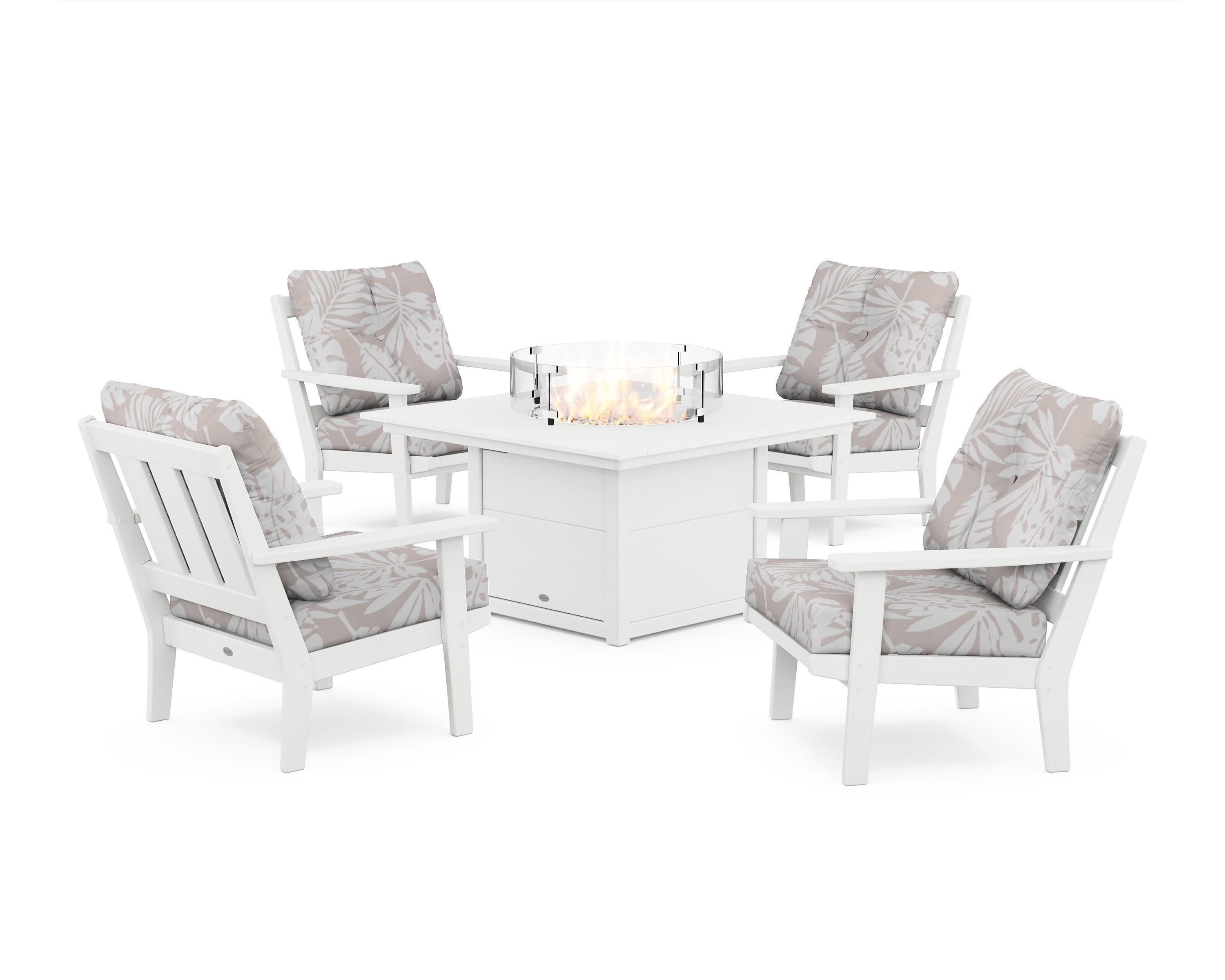 Oxford 5-Piece Deep Seating Set with Fire Pit Table in White / Leaf Dune Burlap