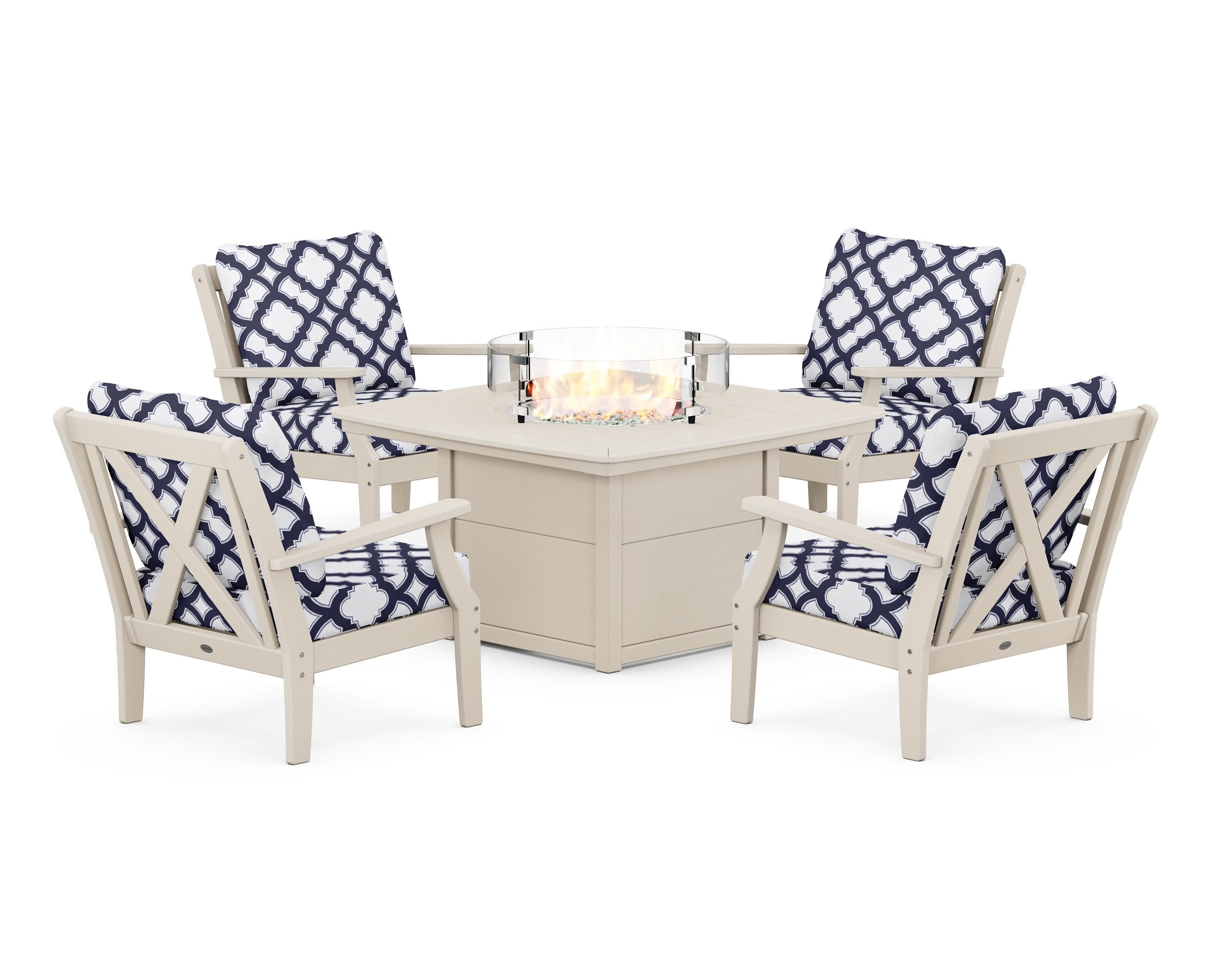 Braxton 5-Piece Deep Seating Conversation Set with Fire Pit Table in Sand / Trellis Navy