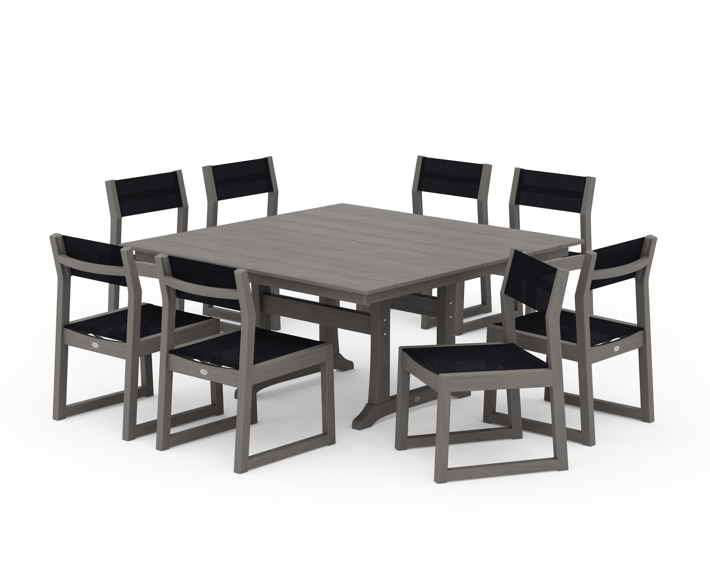EDGE Sling Side Chair 9-Piece Farmhouse Trestle Dining Set in Driftwood / Black Sling