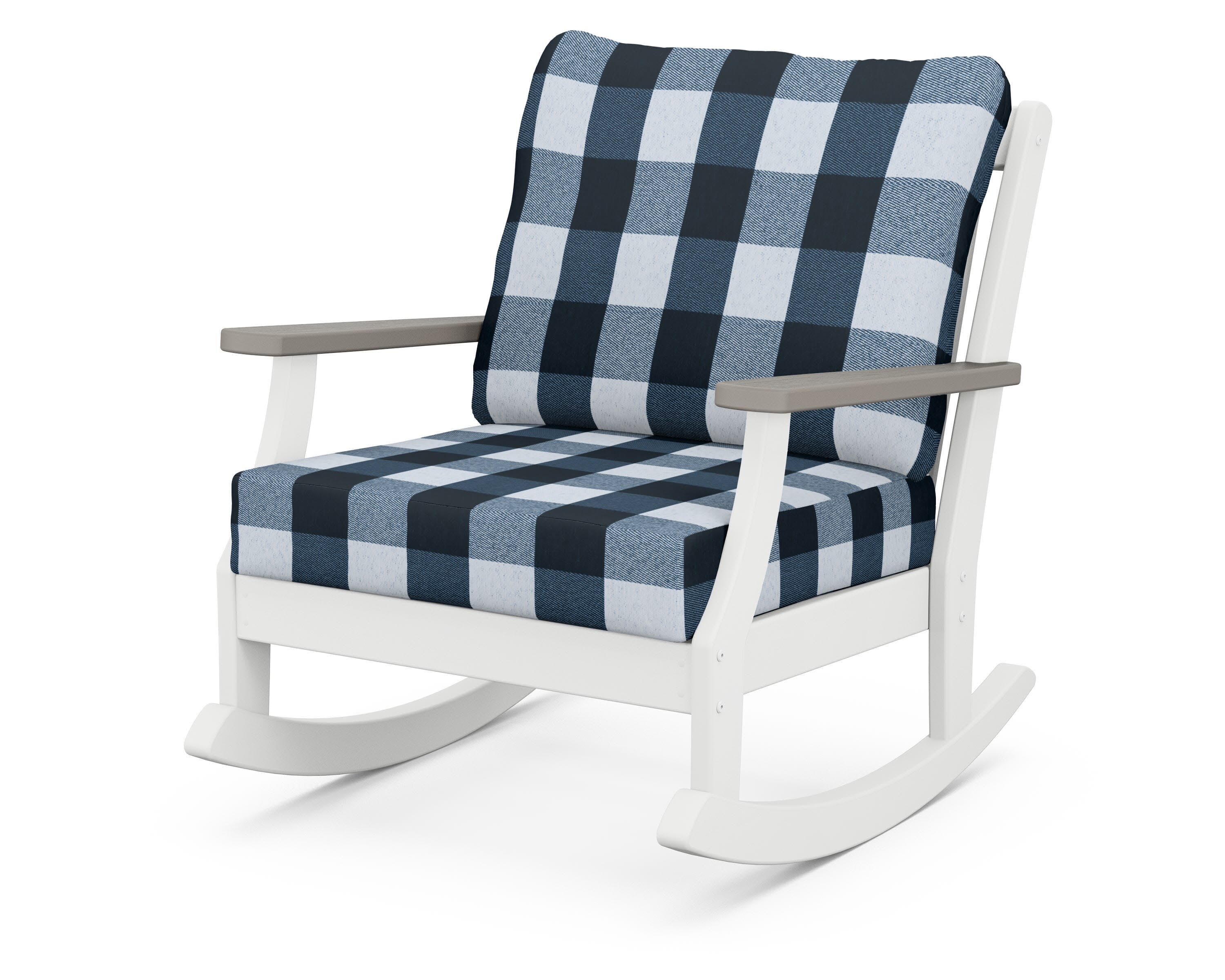 Braxton Deep Seating Rocking Chair in White / Driftwood / Buffalo Plaid Marine Indigo