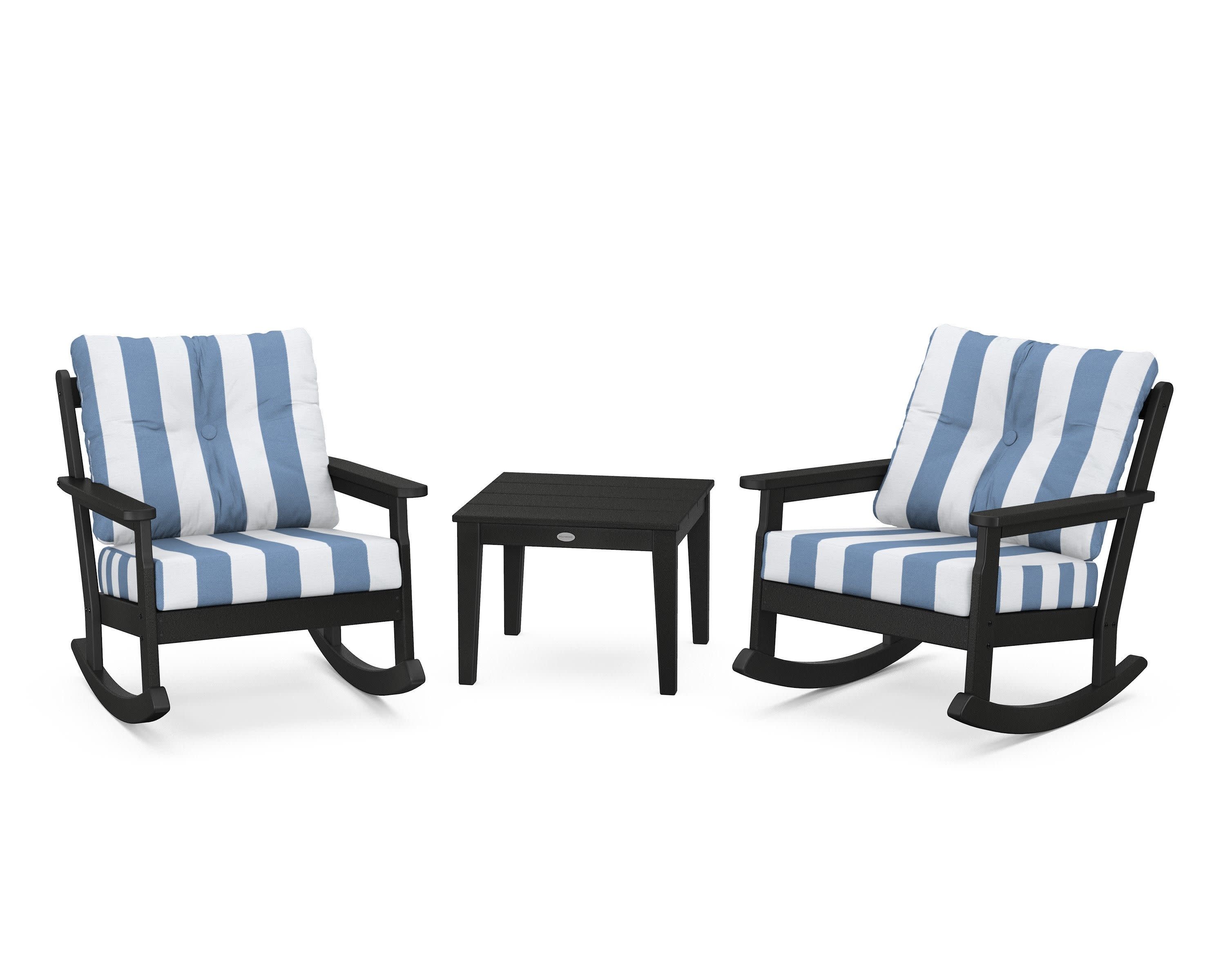 Vineyard 3-Piece Deep Seating Rocker Set in Black / Cabana Stripe Sky Blue