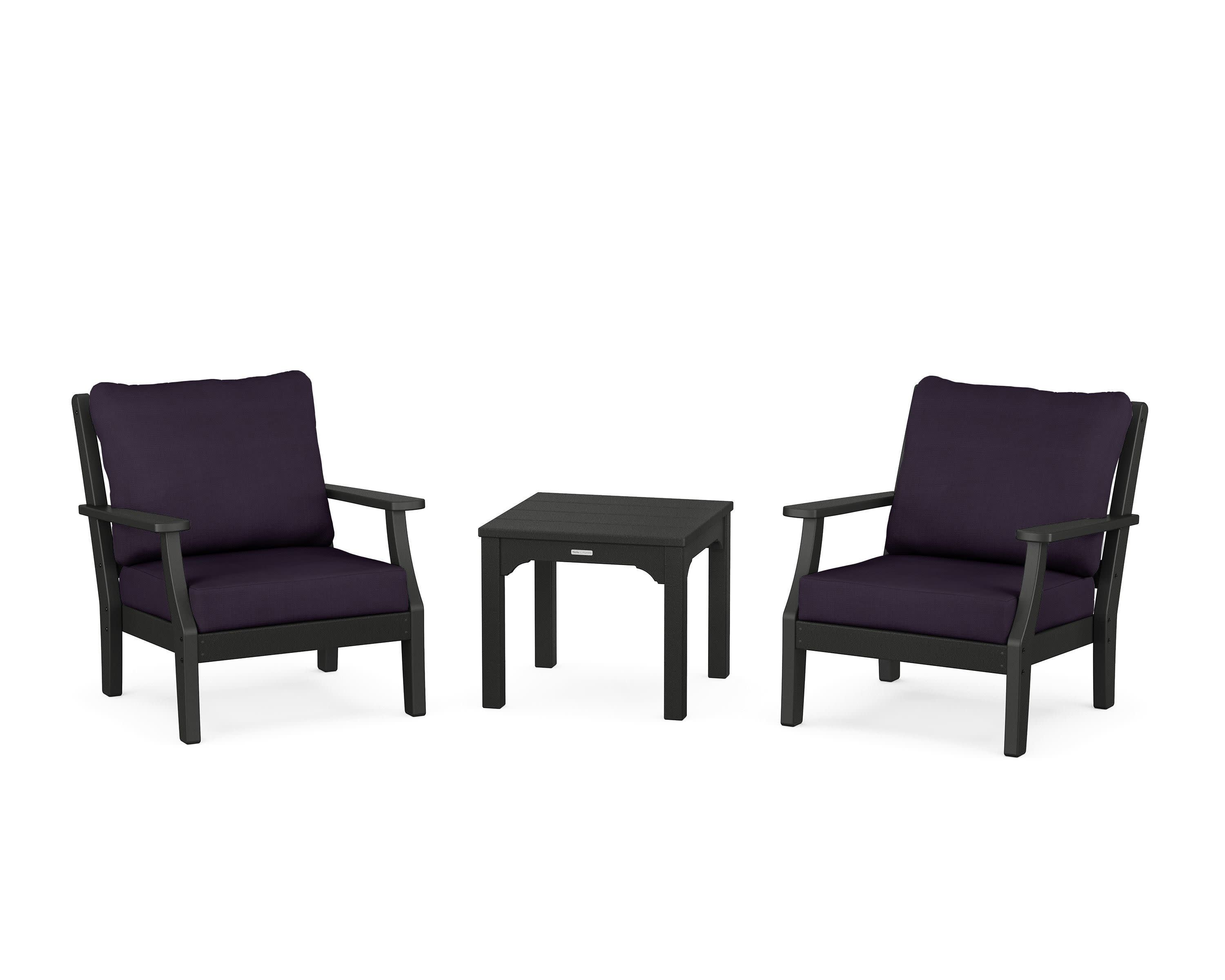 Chinoiserie 3-Piece Deep Seating Set in Black / Navy Linen