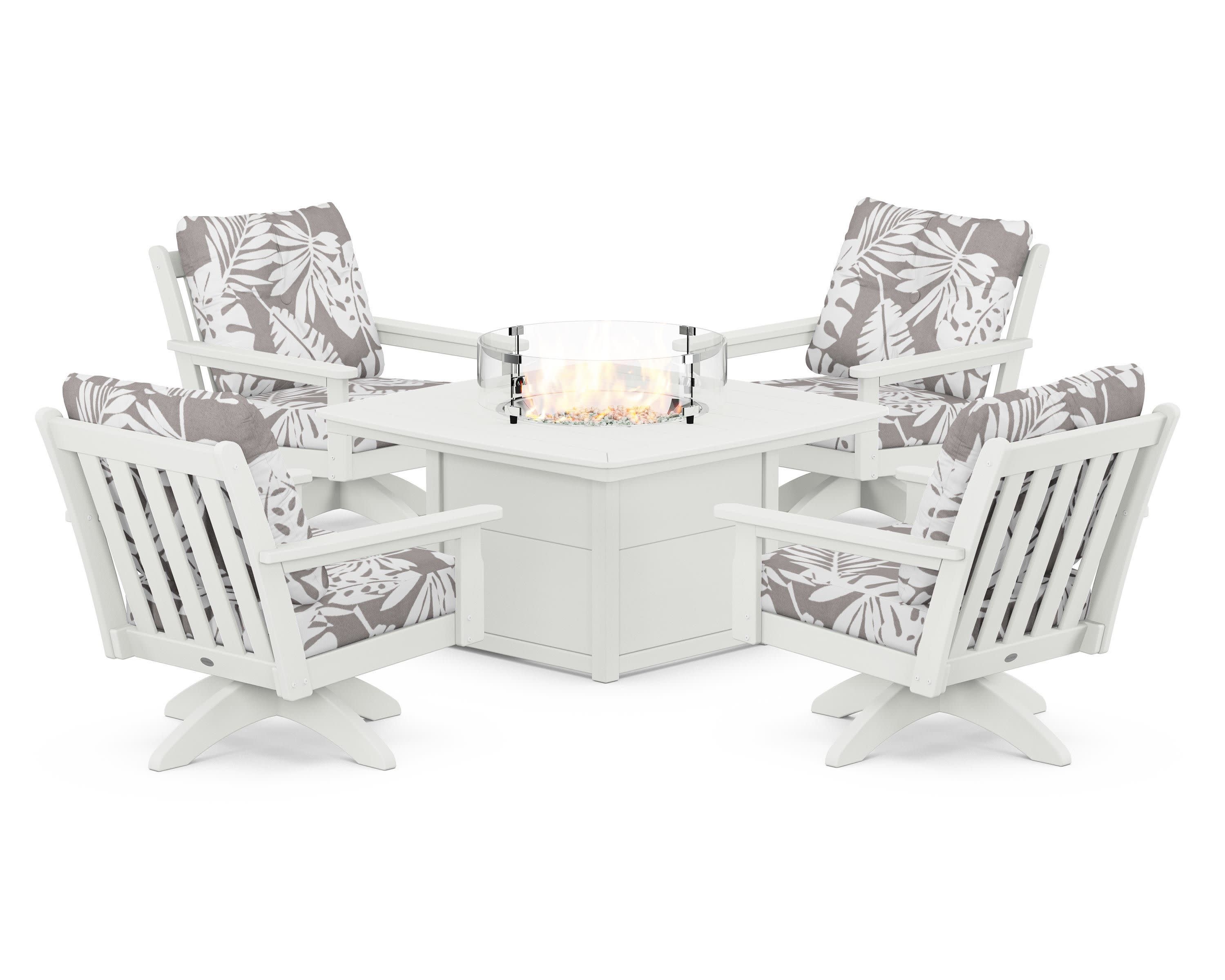 Vineyard 5-Piece Deep Seating Swivel Conversation Set with Fire Pit Table in Vintage White / Leaf Grey Mist