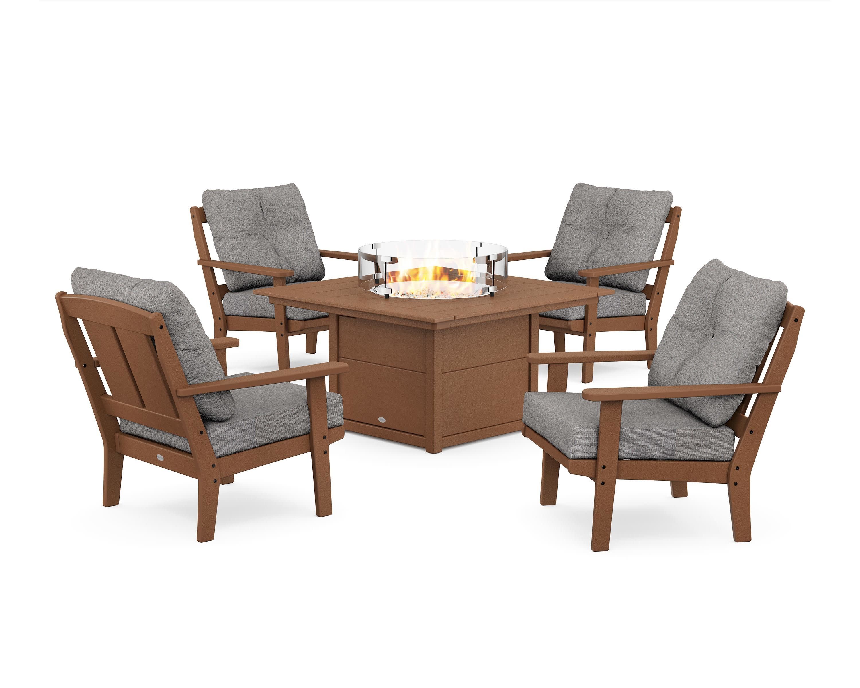 Mission 5-Piece Deep Seating Set with Fire Pit Table in Teak / Grey Mist