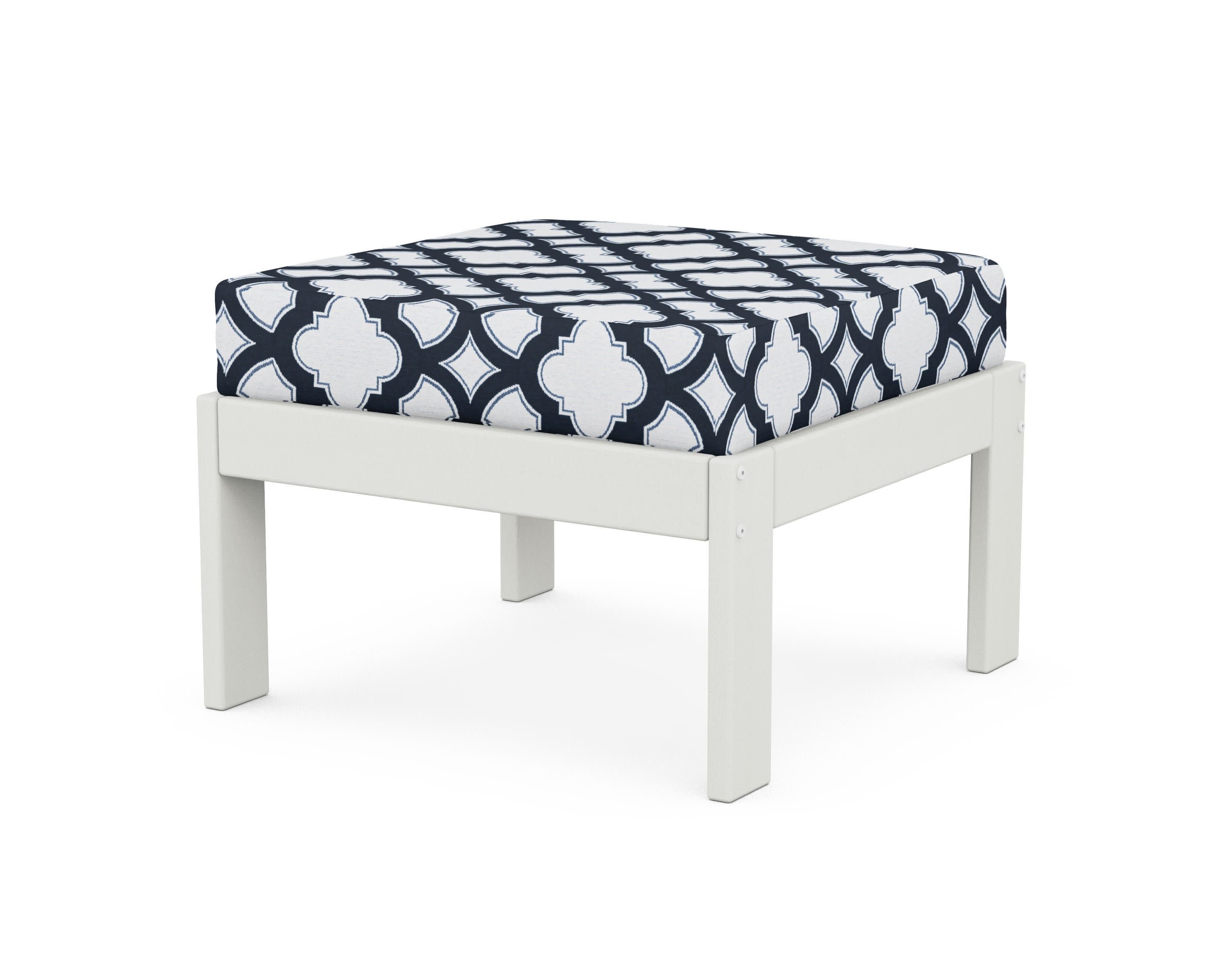 Vineyard Modular Ottoman in Vintage White / Trellis Marine Indigo