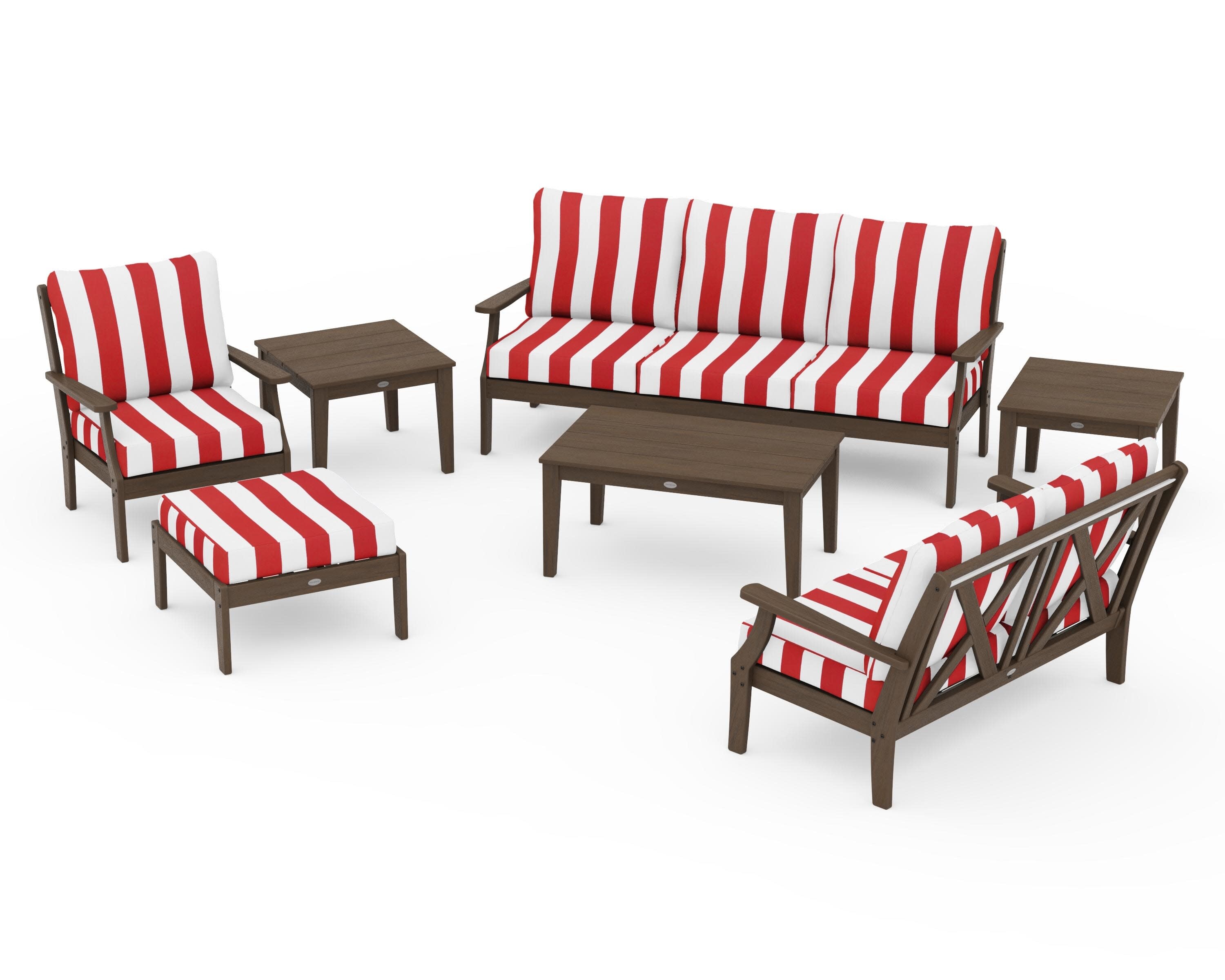 Braxton 7-Piece Deep Seating Set in Kona / Cabana Stripe Crimson