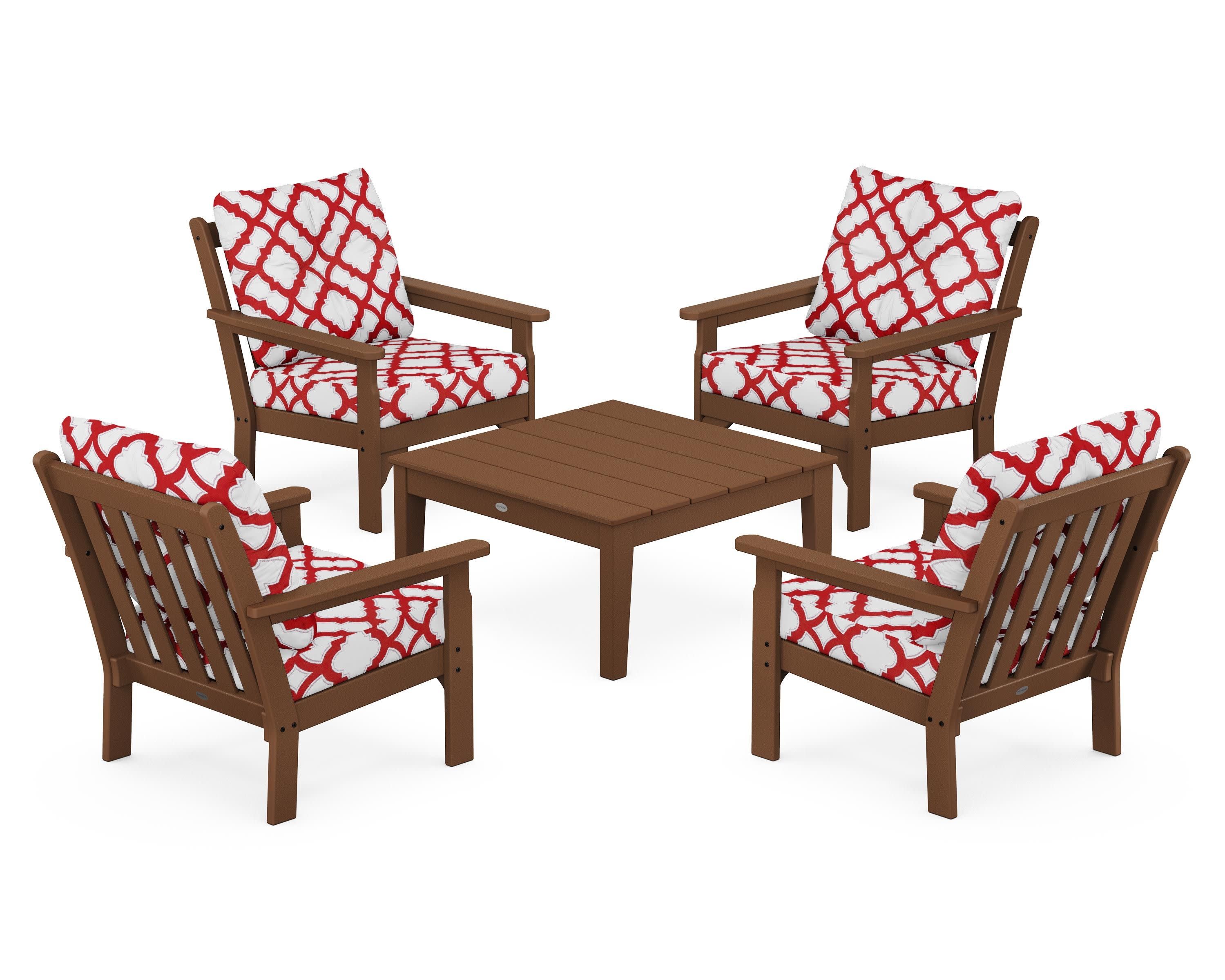 Vineyard 5-Piece Deep Seating Conversation Set in Teak / Trellis Crimson