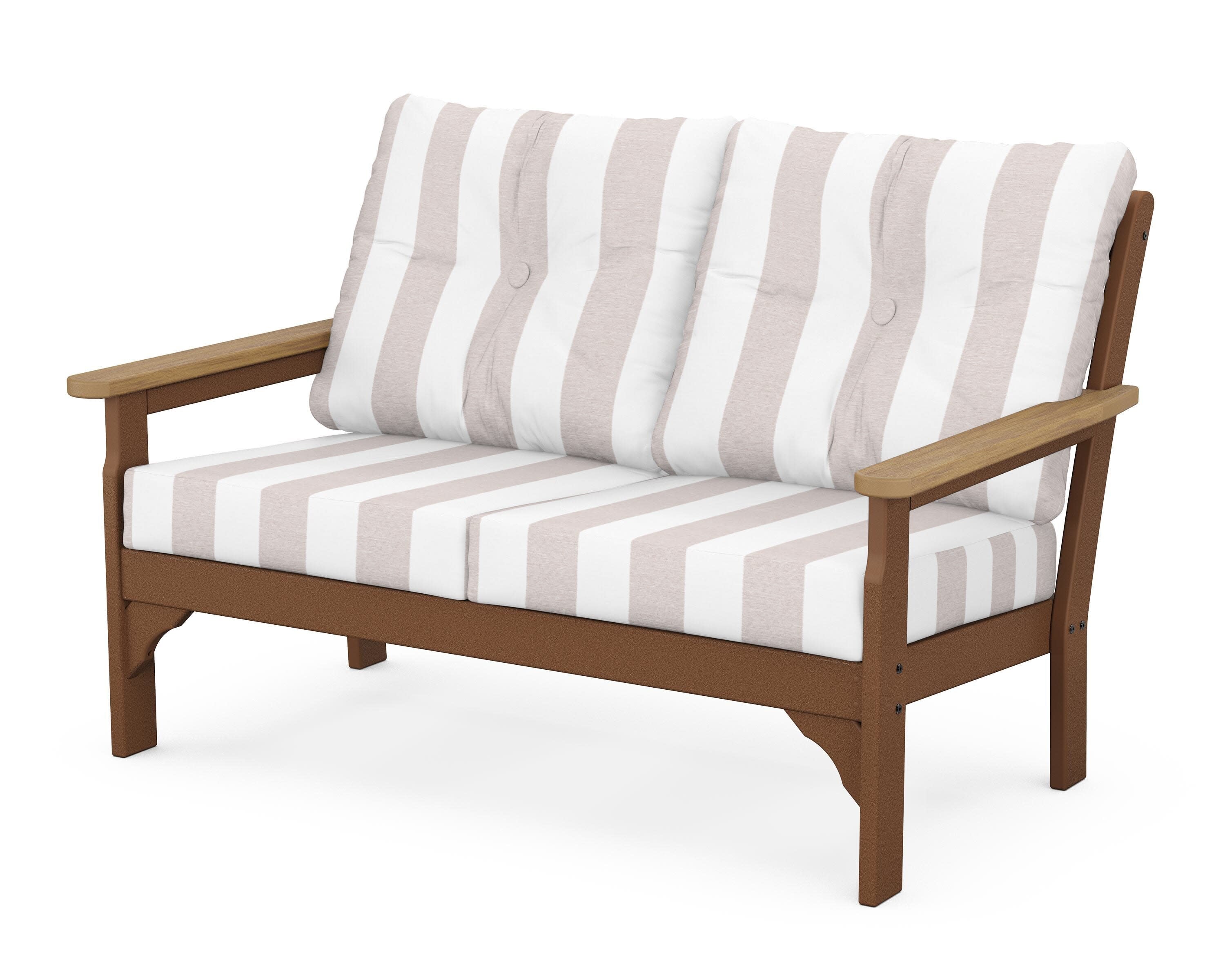 Vineyard Deep Seating Loveseat in Teak / Natural / Cabana Stripe Dune Burlap