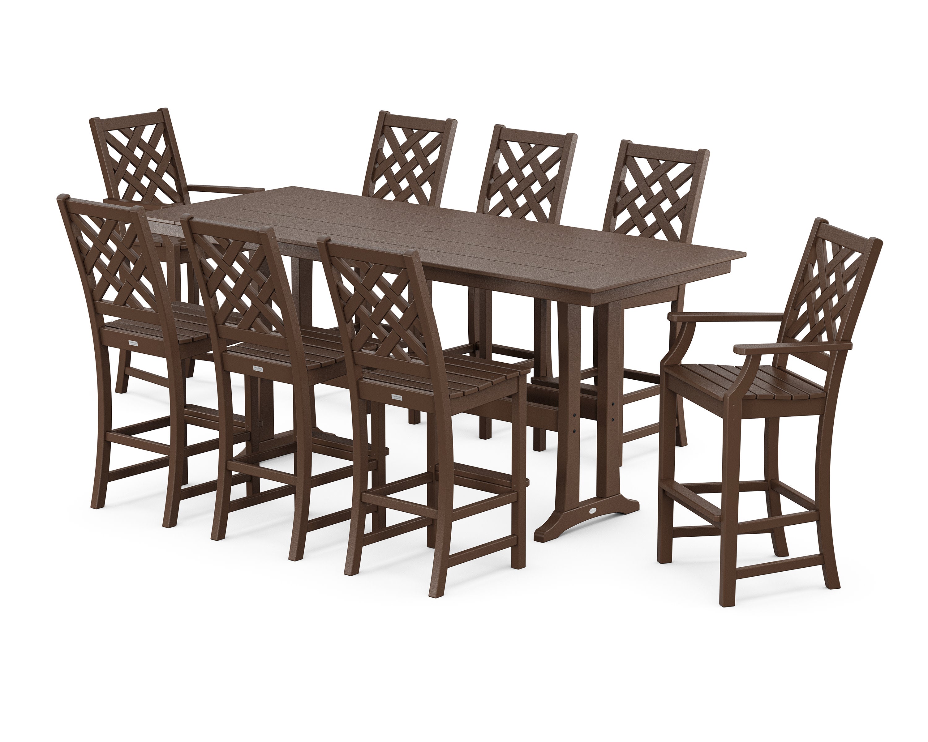 Wovendale 9-Piece Farmhouse Bar Set with Trestle Legs in Mahogany