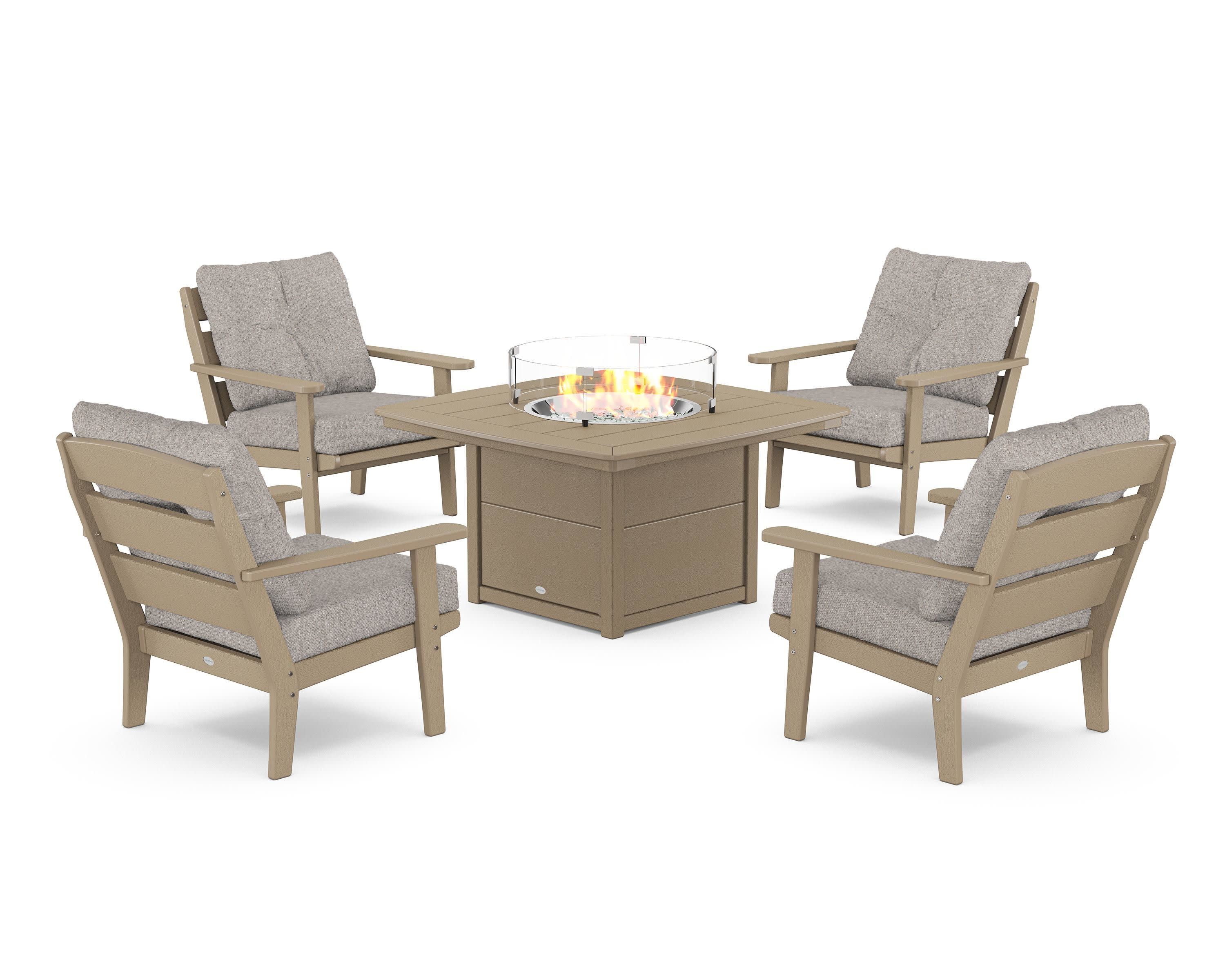 Lakeside 5-Piece Deep Seating Set with Nautical Fire Pit Table in Vintage Sahara / Weathered Tweed
