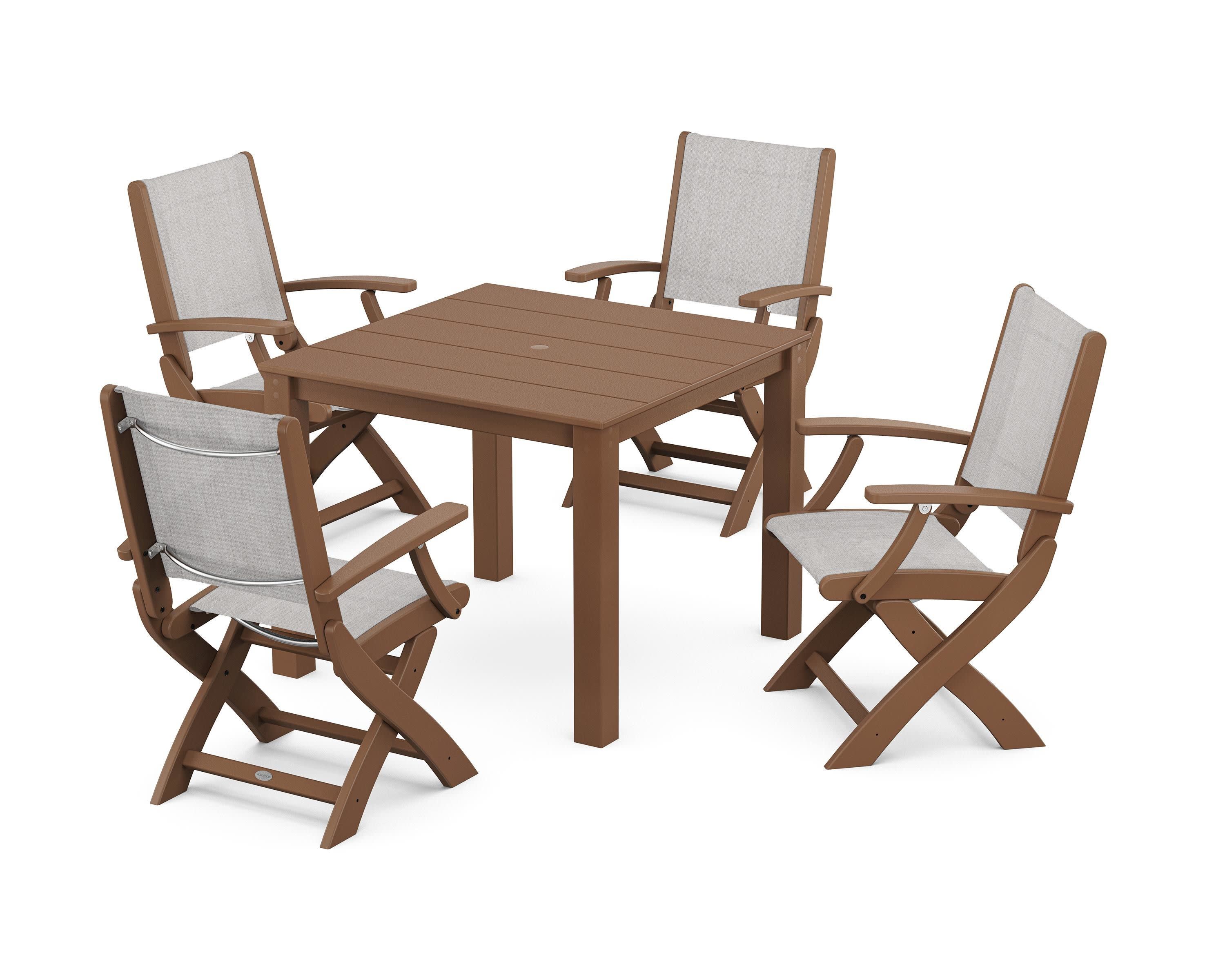 Coastal Folding Chair 5-Piece Parsons Dining Set in Teak / Parchment Sling