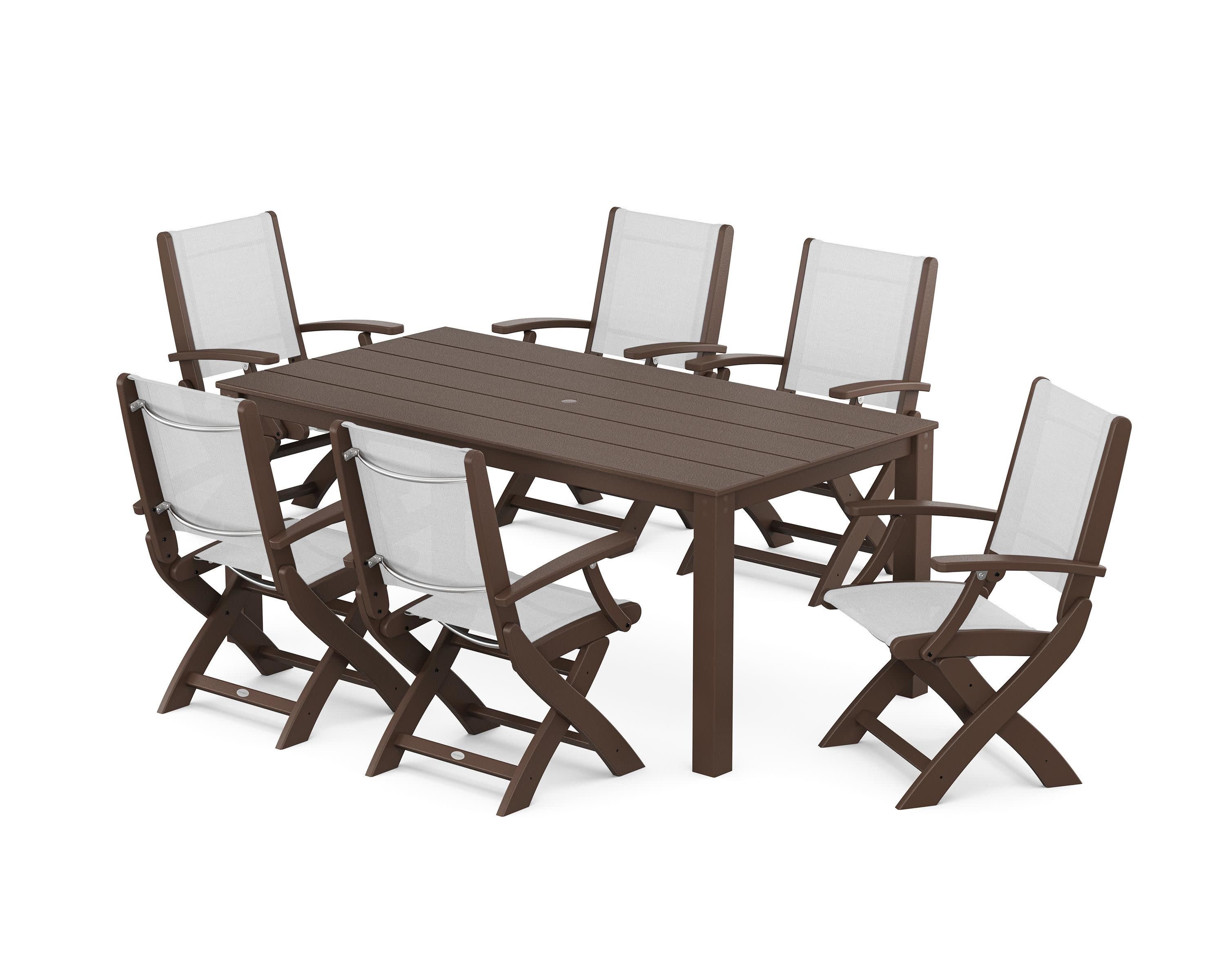 Coastal Folding Chair 7-Piece Parsons Dining Set in Mahogany / White Sling