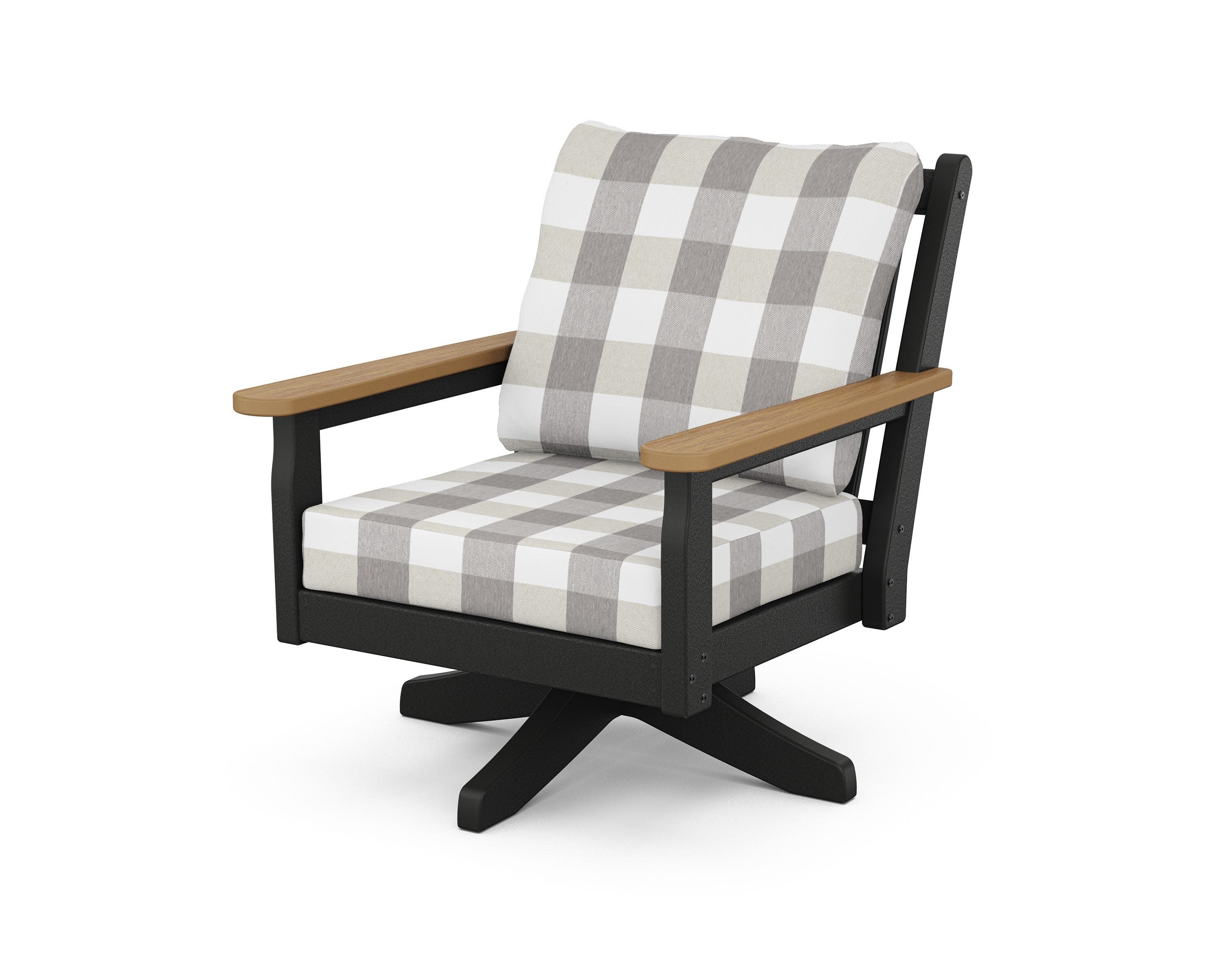 Chippendale Deep Seating Swivel Chair in Black / Natural / Buffalo Plaid Grey Mist
