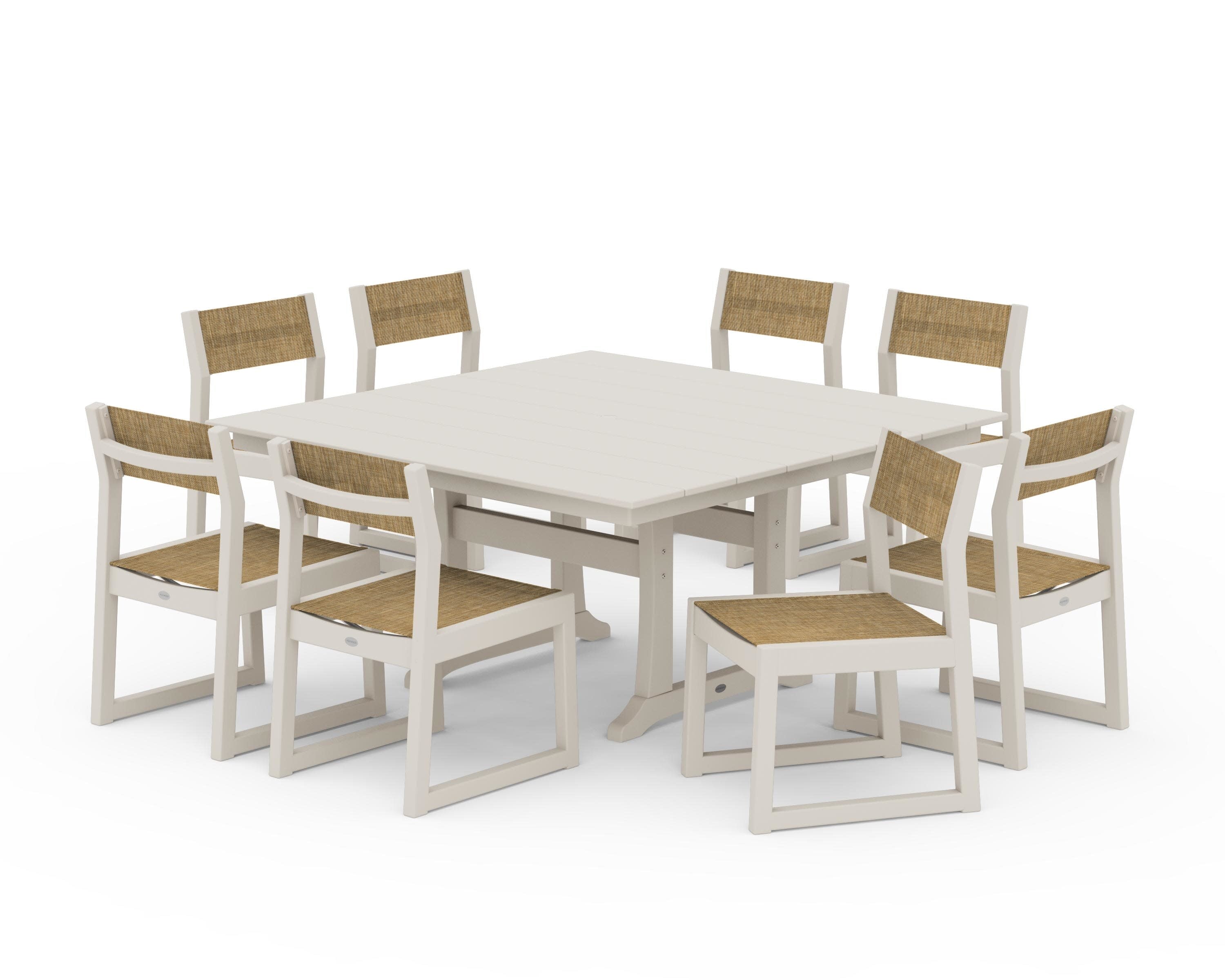 EDGE Sling Side Chair 9-Piece Farmhouse Trestle Dining Set in Sand / Burlap Sling