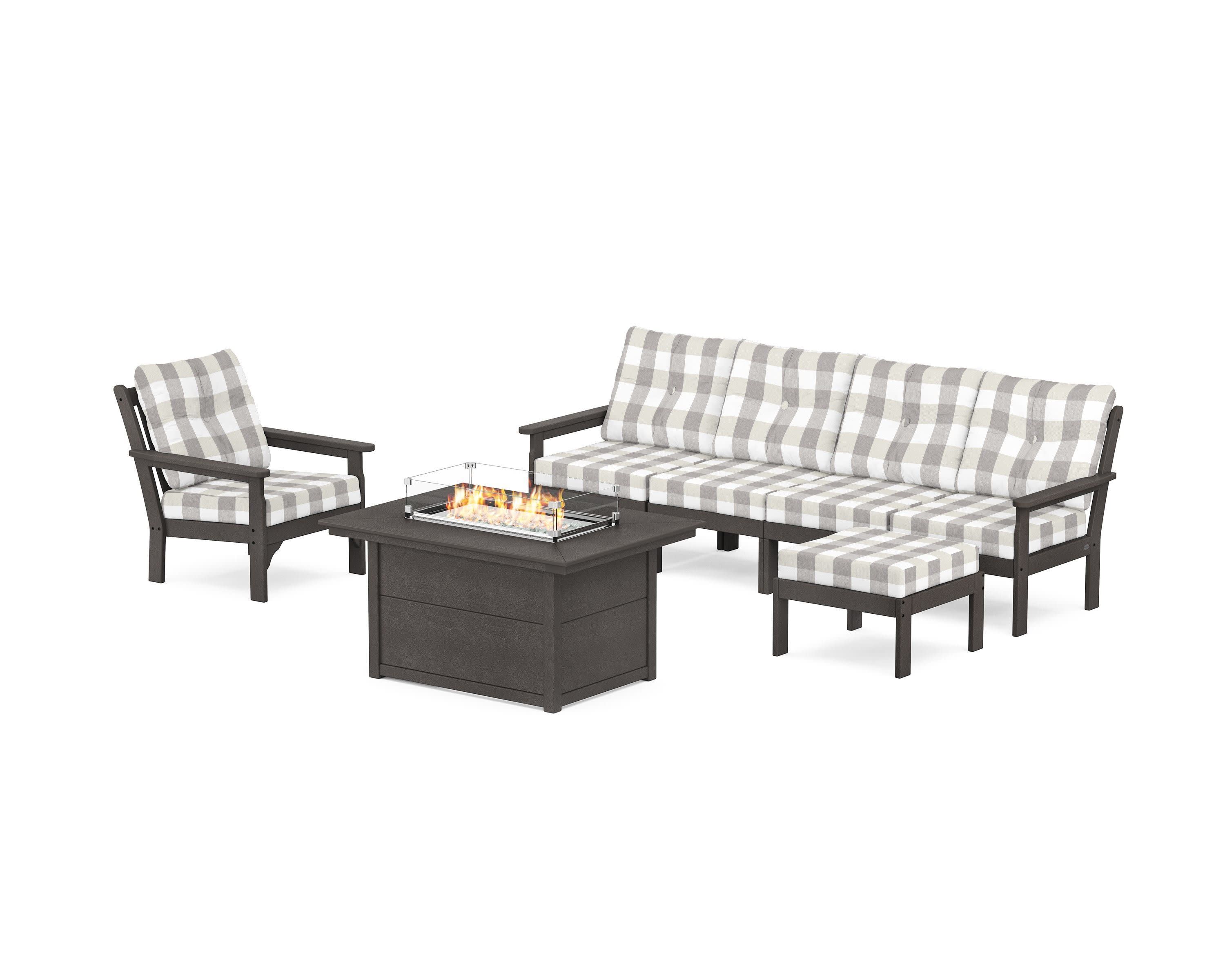 Vineyard Sectional Lounge and Fire Pit Set in Vintage Coffee / Buffalo Plaid Grey Mist