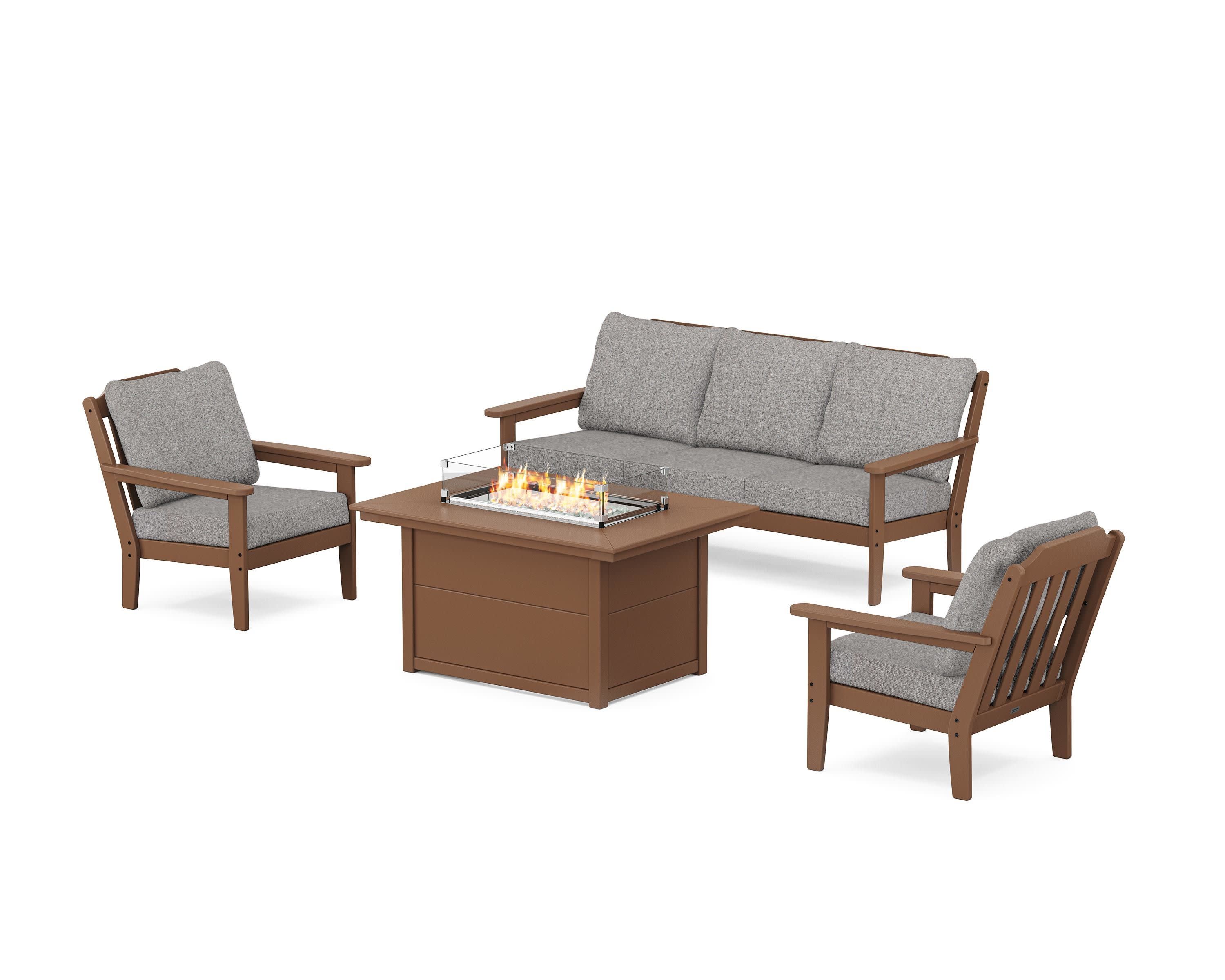 Cottage Deep Seating Fire Pit Table Set in Teak / Grey Mist