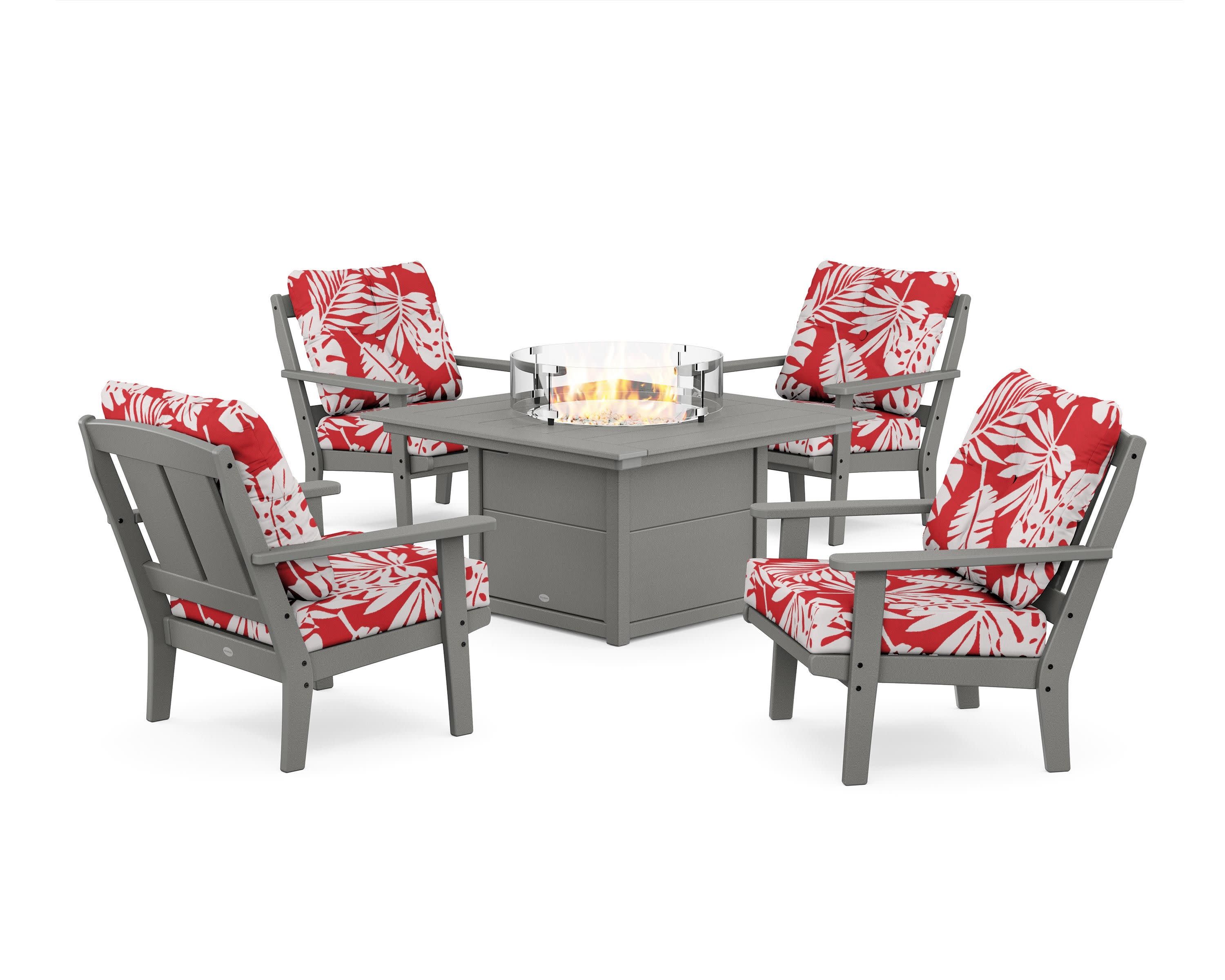 Mission 5-Piece Deep Seating Set with Fire Pit Table in Slate Grey / Leaf Crimson