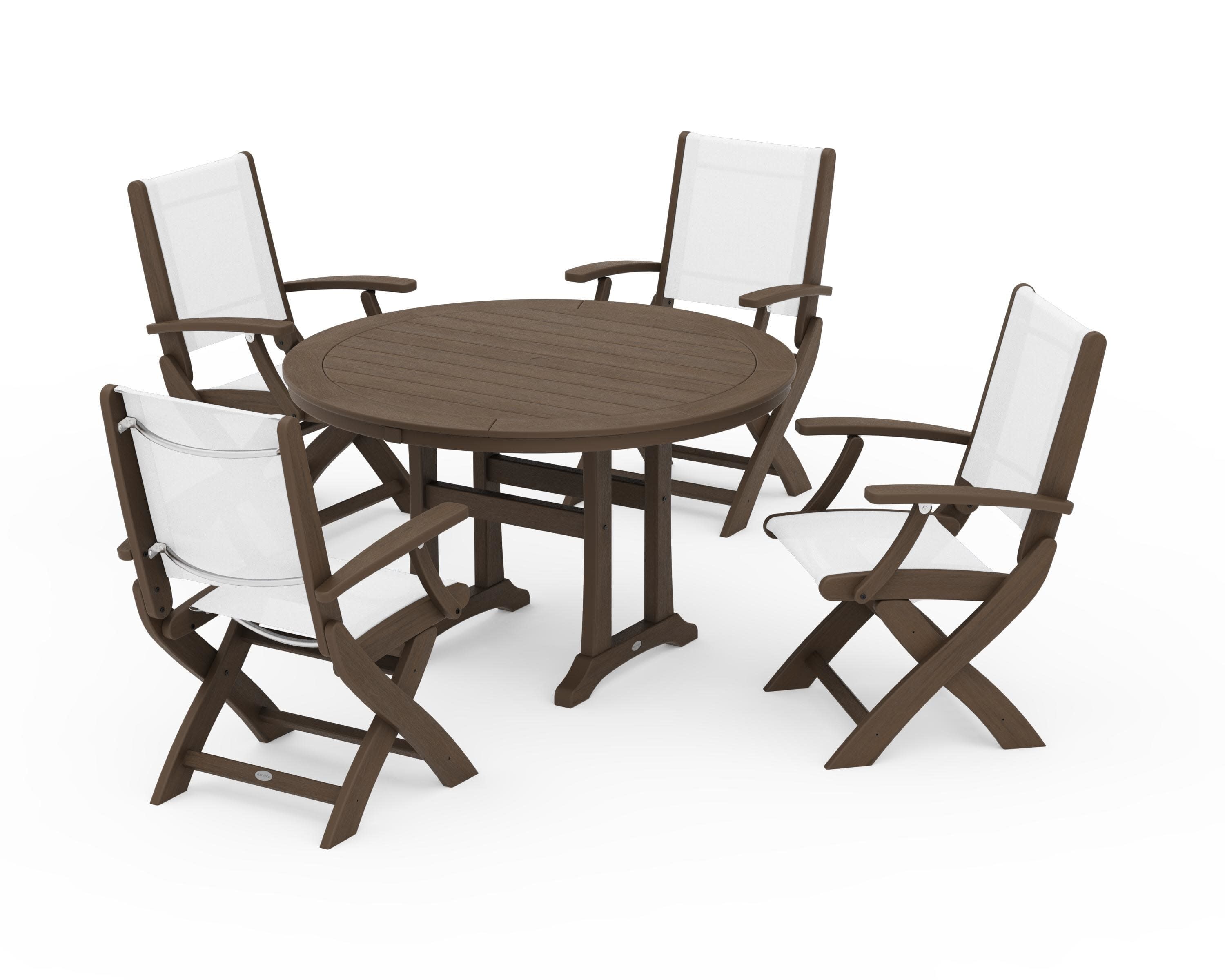 Coastal Folding Chair 5-Piece Round Dining Set with Trestle Legs in Kona / White Sling